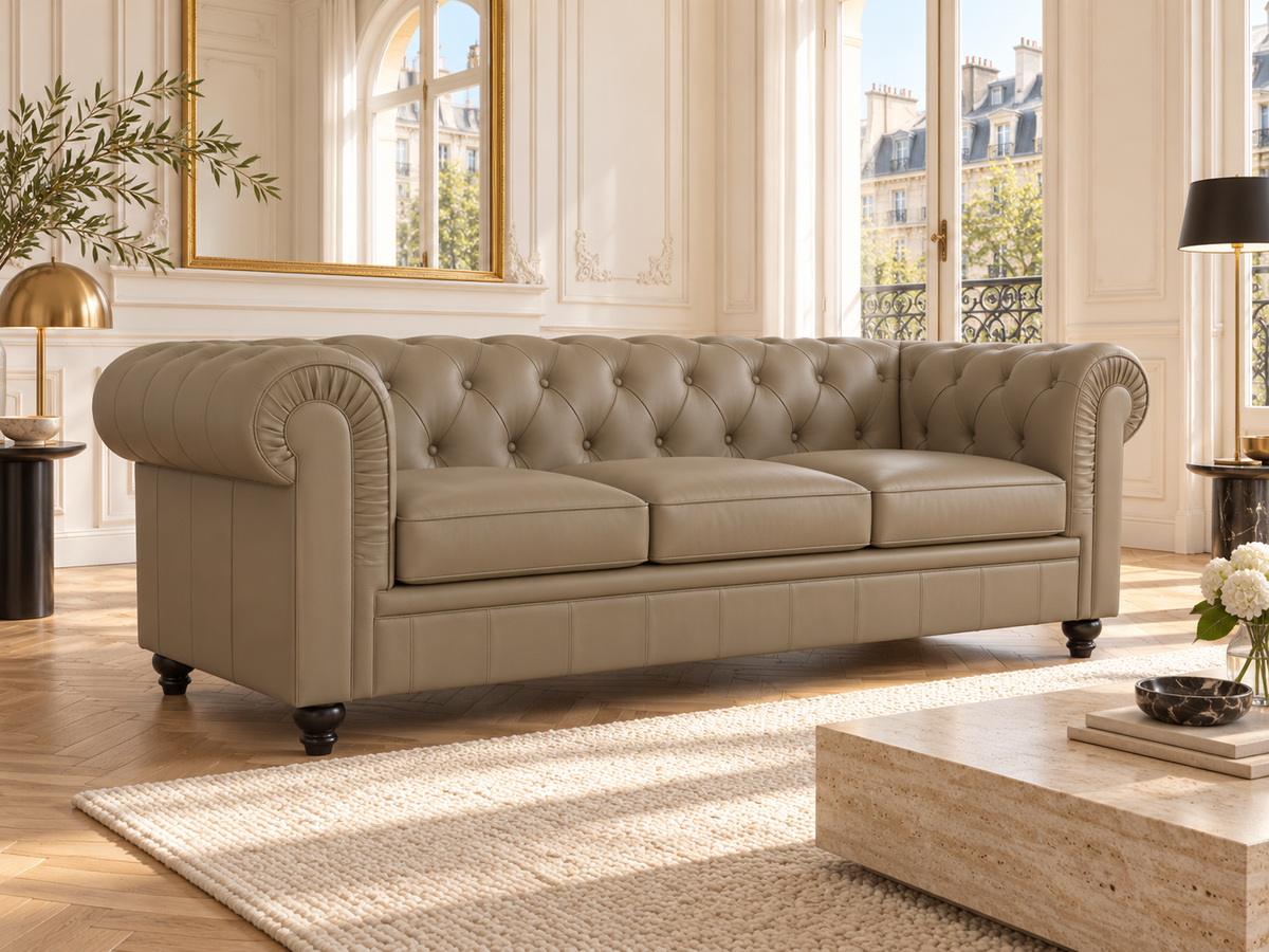 Chesterfield canape 3 places en simili cuir pu taupe — ambiance, meuble entier