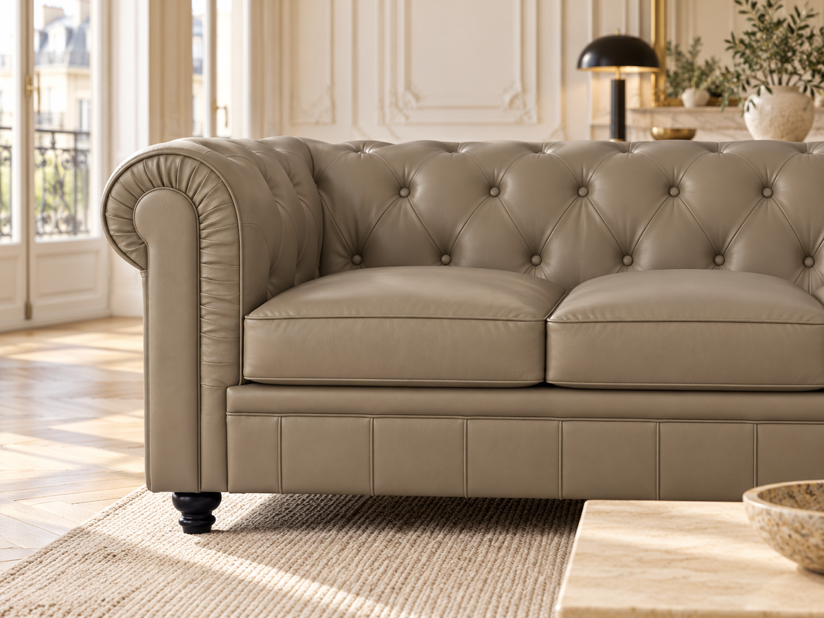 Chesterfield canape 3 places en simili cuir pu taupe — détail