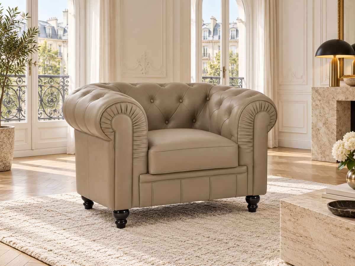 Chesterfield fauteuil 1 place en simili cuir pu taupe — ambiance, meuble entier