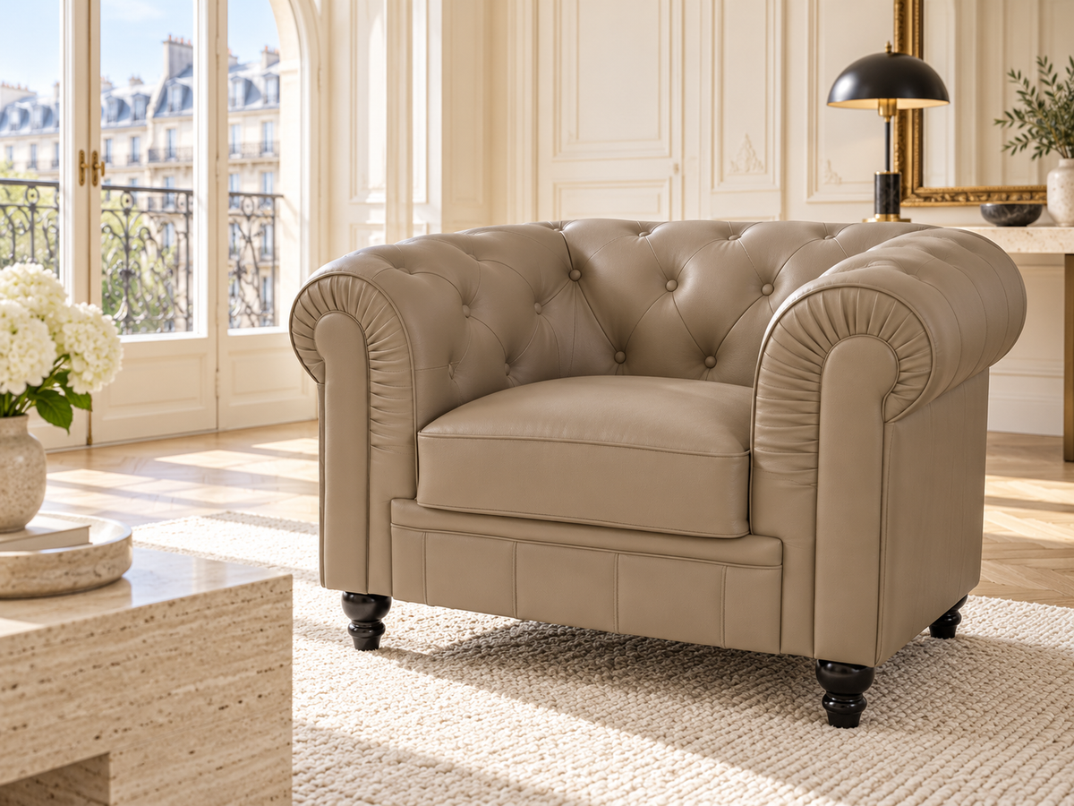 Chesterfield fauteuil 1 place en simili cuir pu taupe — ambiance, meuble entier
