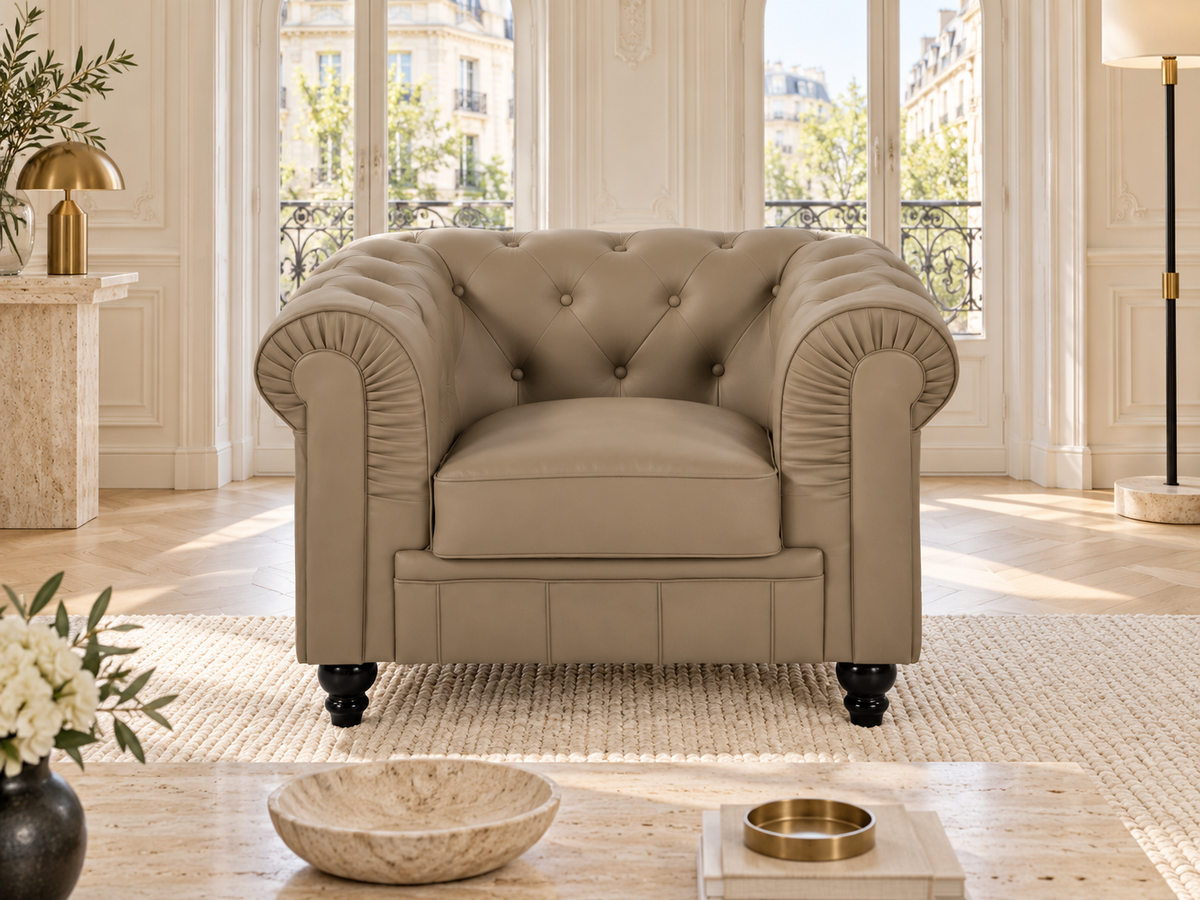 Chesterfield fauteuil 1 place en simili cuir pu taupe — ambiance, meuble entier
