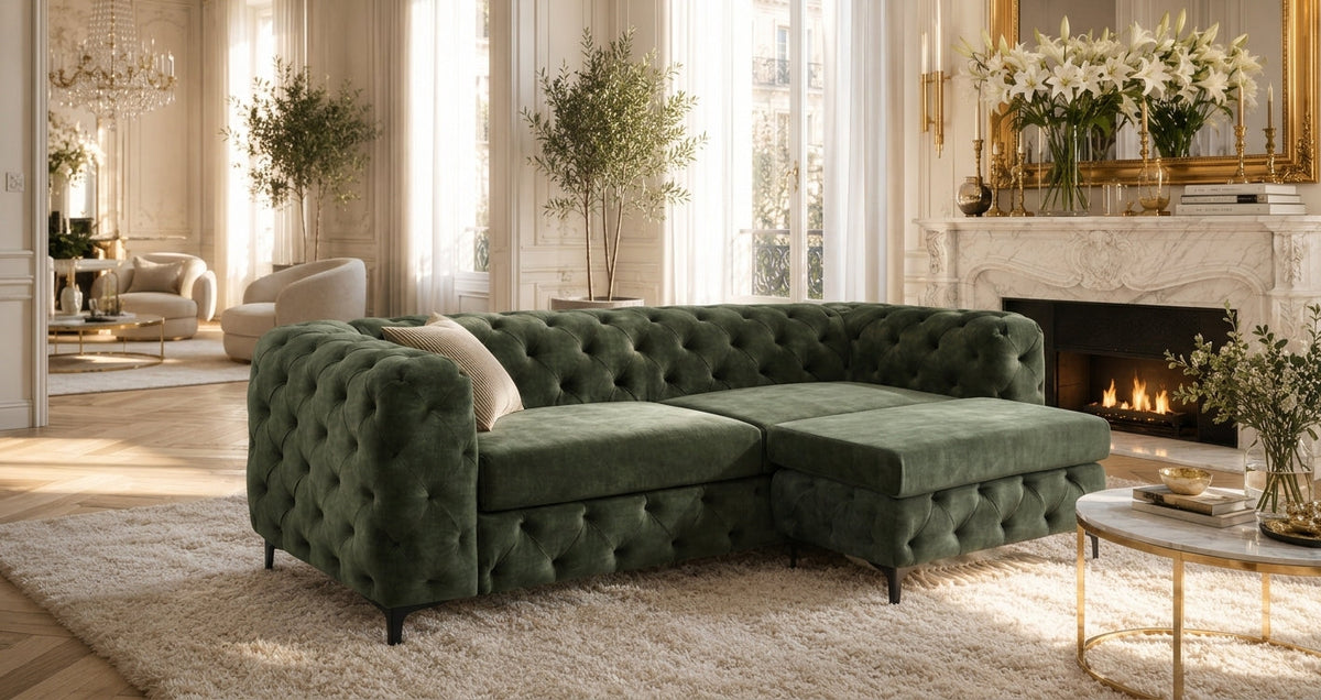 Chesterfield pouf MODERN BAROCK 95 cm vert velours repose-pieds