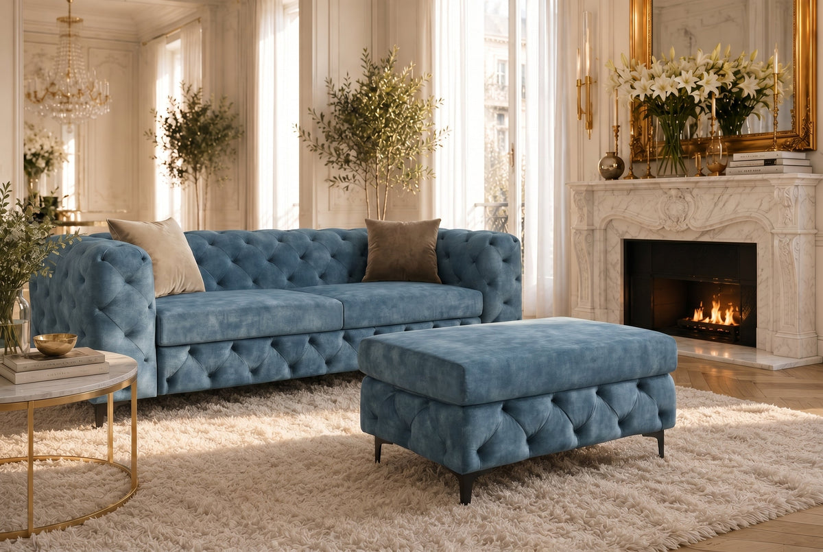 Chesterfield pouf MODERN BAROCK 95cm pétrole velours repose-pieds