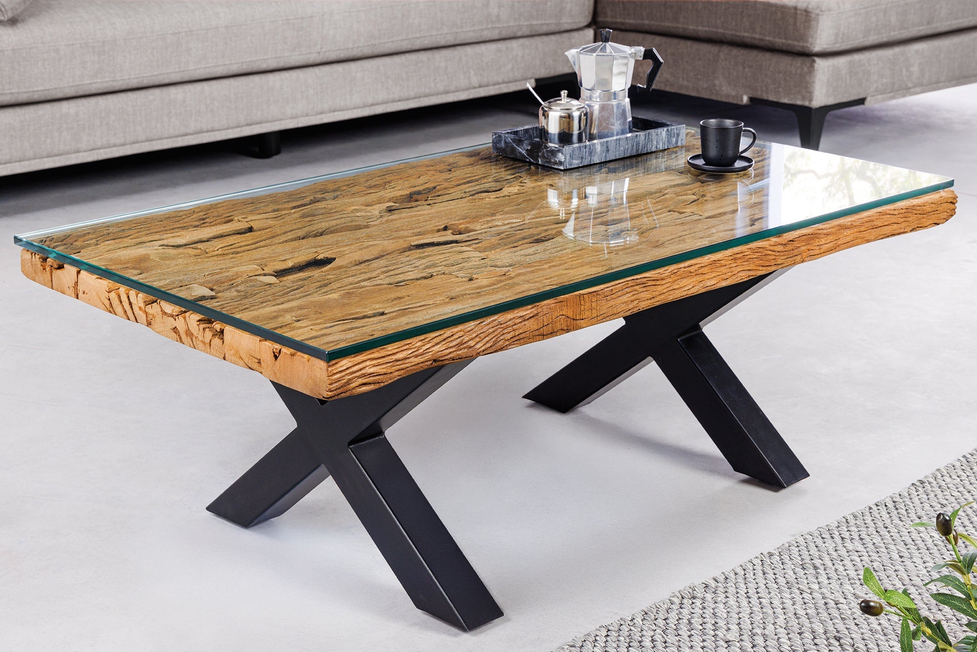 Coffee table BARRACUDA 110cm recycled teak wood w/o glass plate