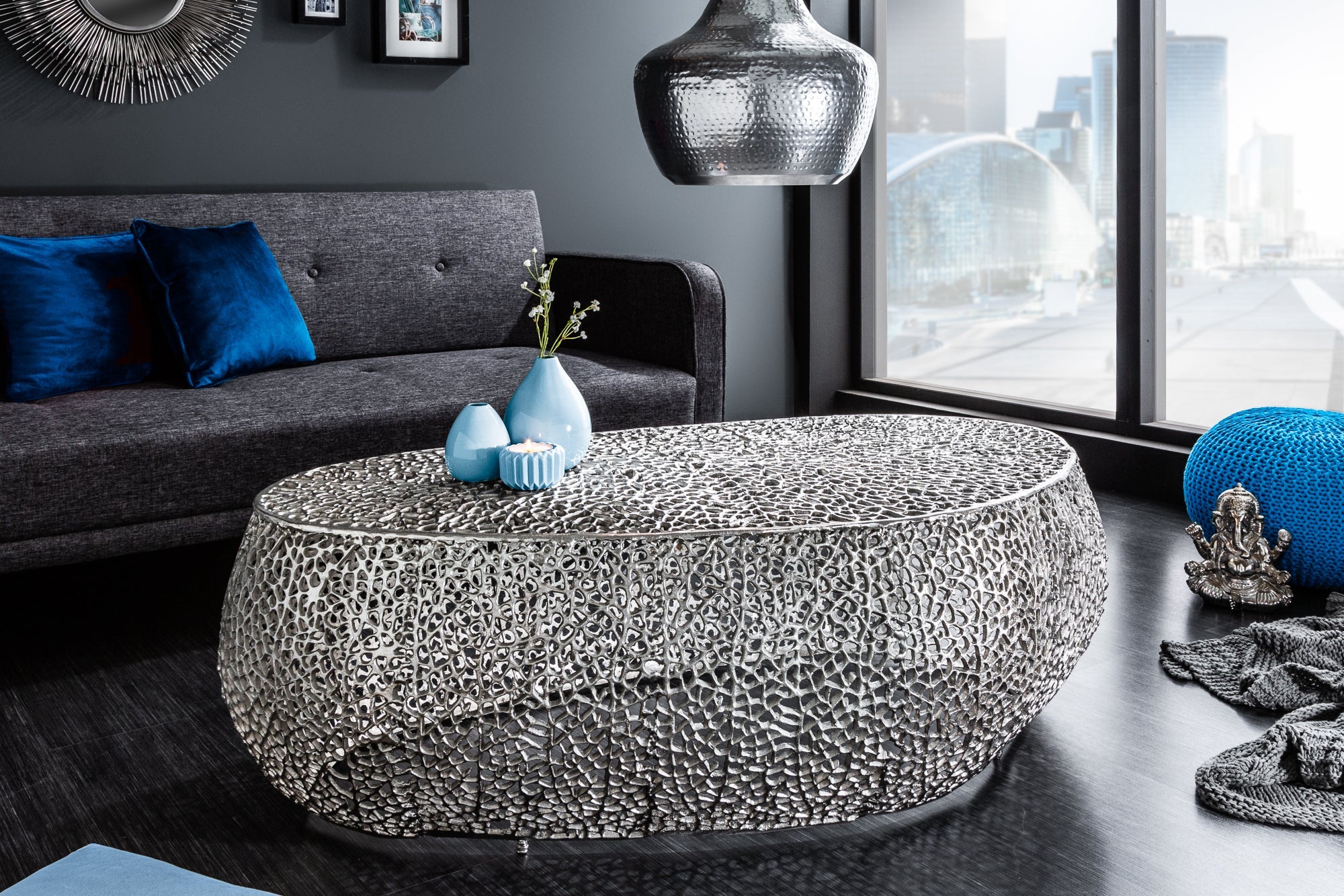 Coffee table LEAF 122cm metal silver handmade