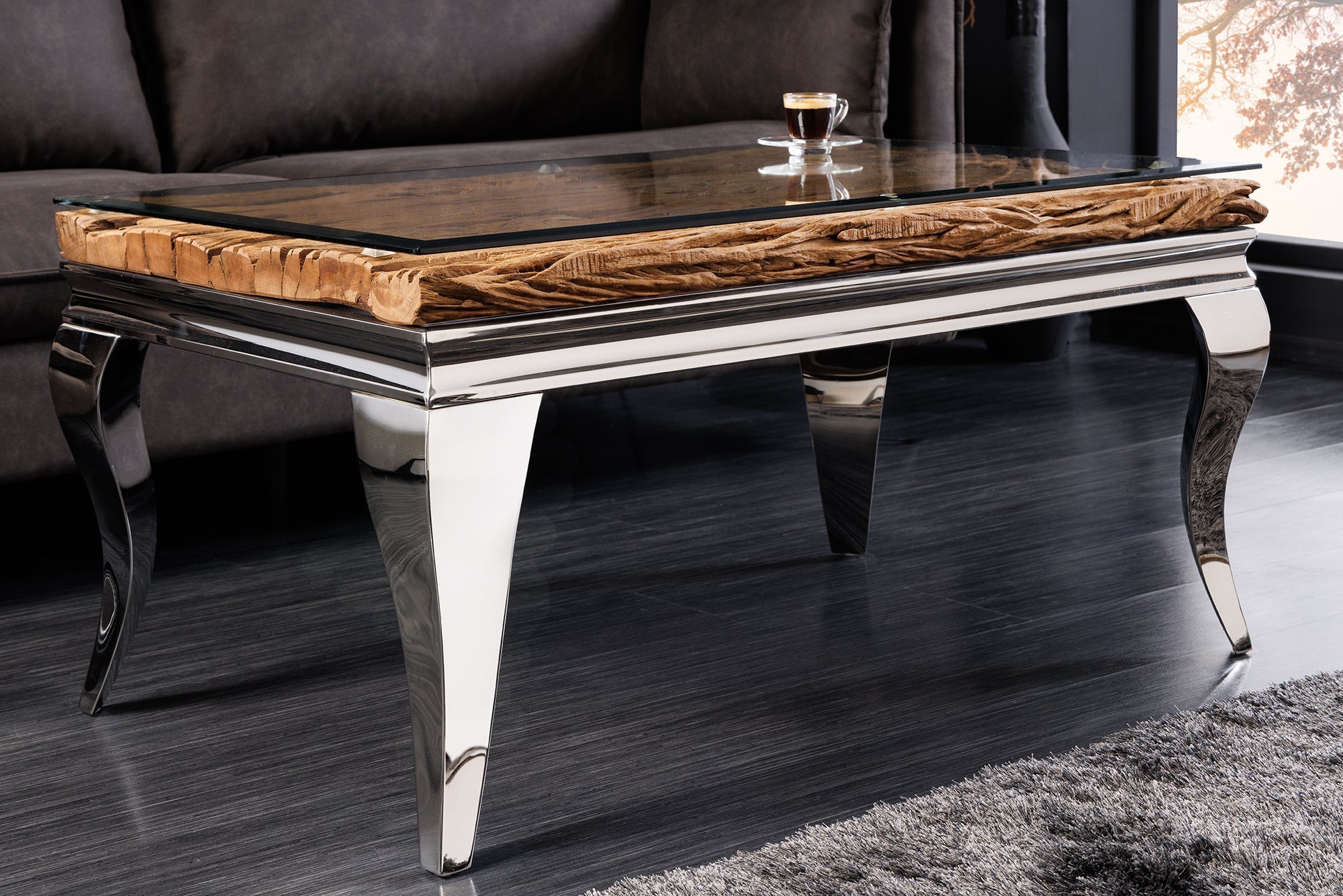 Coffee table MODERN BAROCK BARRACUDA 100cm chrome incl. glass top w/o teak top
