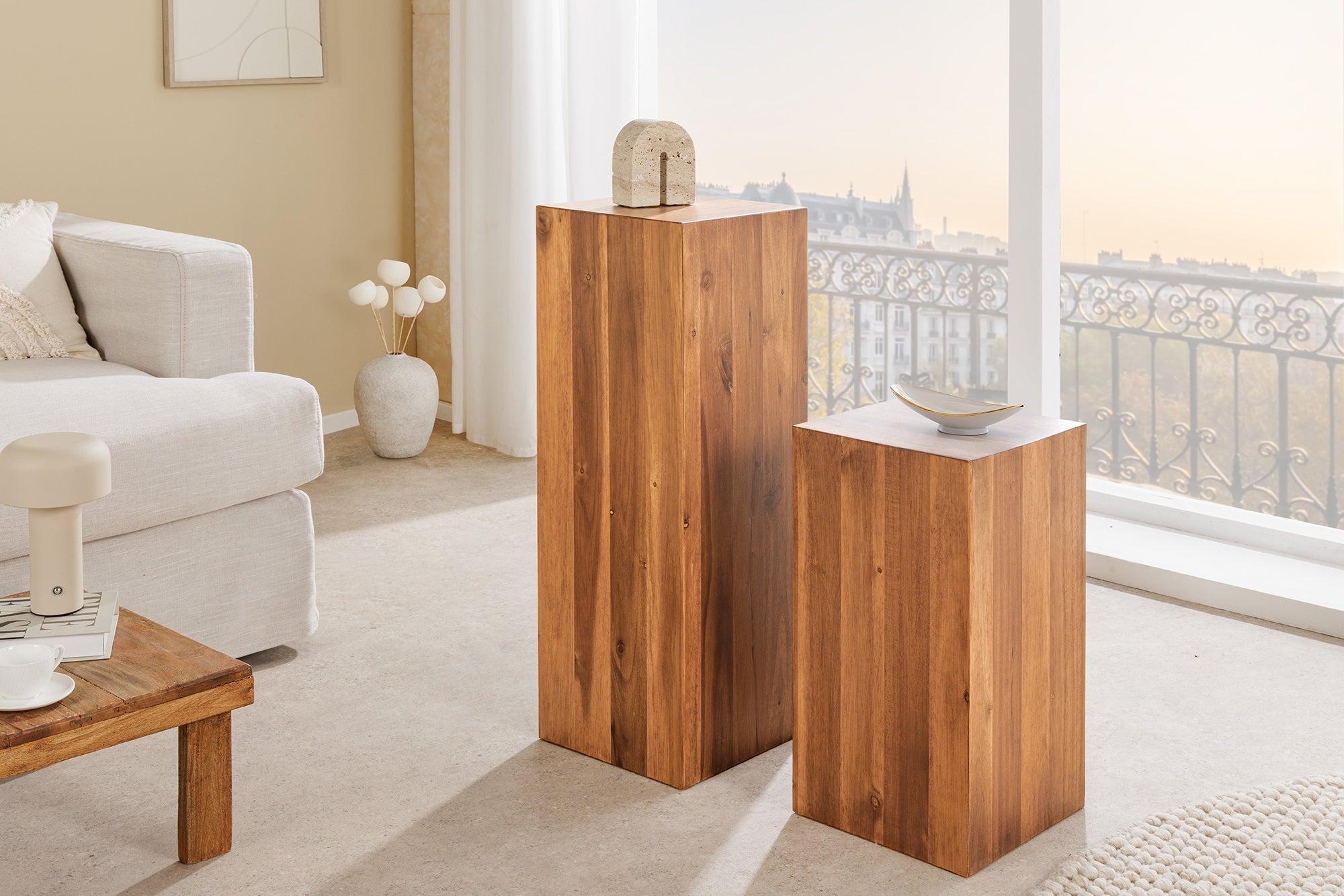 Colonne décorative en bois massif COLUMNA 50cm table d’appoint en acacia marron