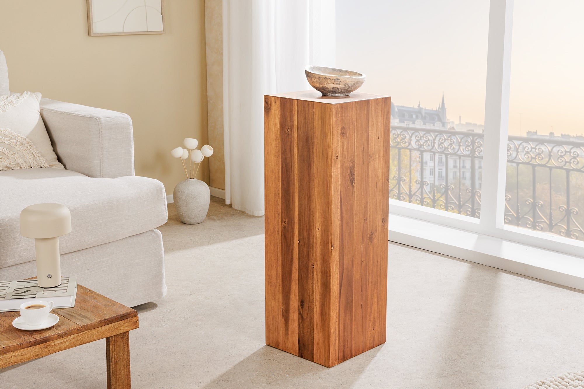 Colonne décorative en bois massif COLUMNA 75cm table d’appoint en acacia marron