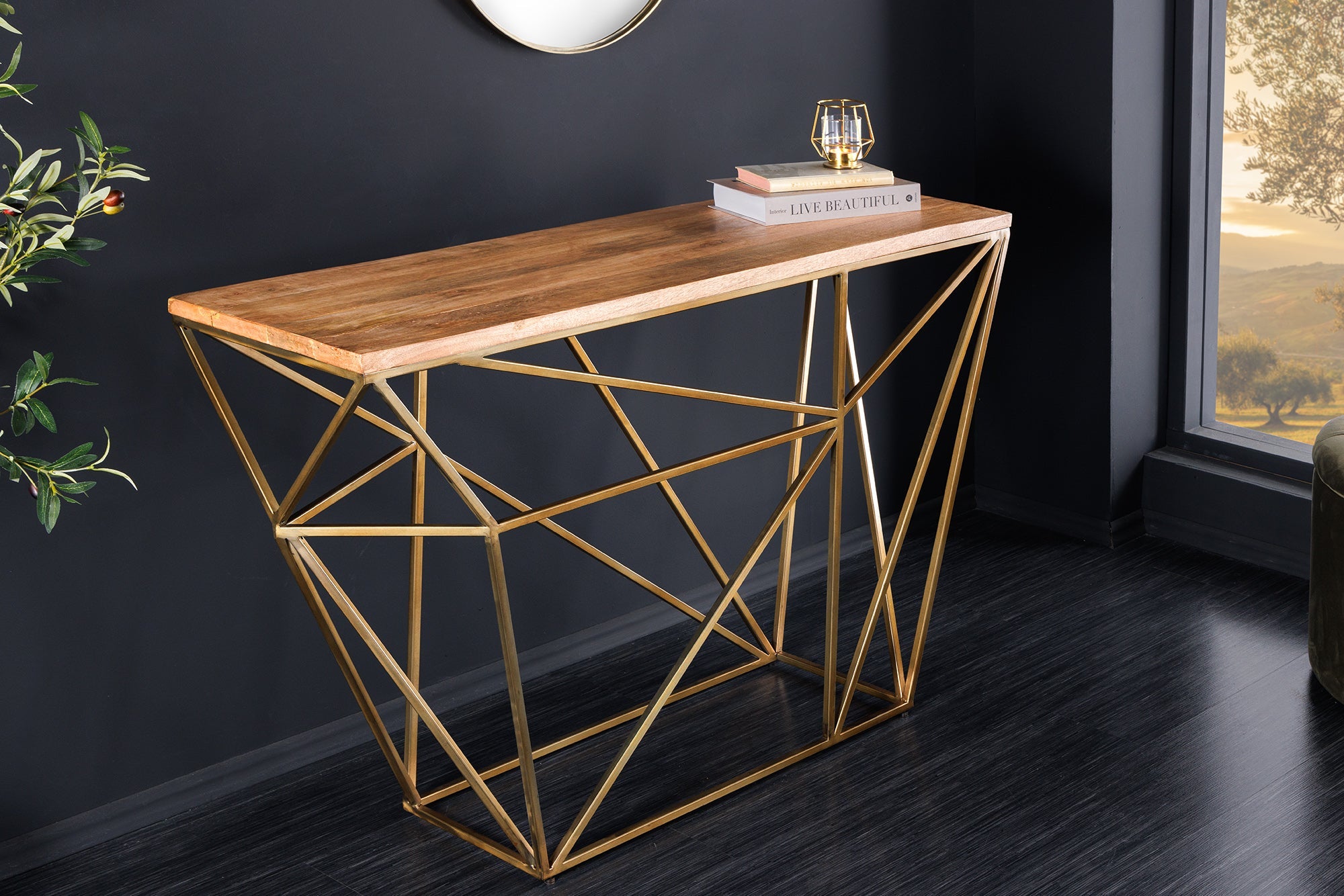 Consola abstracta DIAMOND 120cm latón natural madera de mango estructura metálica
