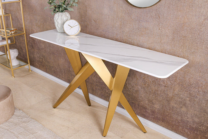 Console design ART LIVING 140cm marbre blanc céramique champagne or brossé