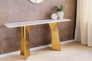 Console design EXTRAVAGANCIA 140cm marbre blanc métal doré champagne brossé