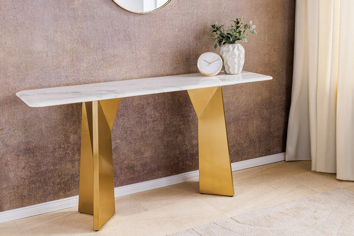 Console design EXTRAVAGANCIA 140cm marbre blanc métal doré champagne brossé