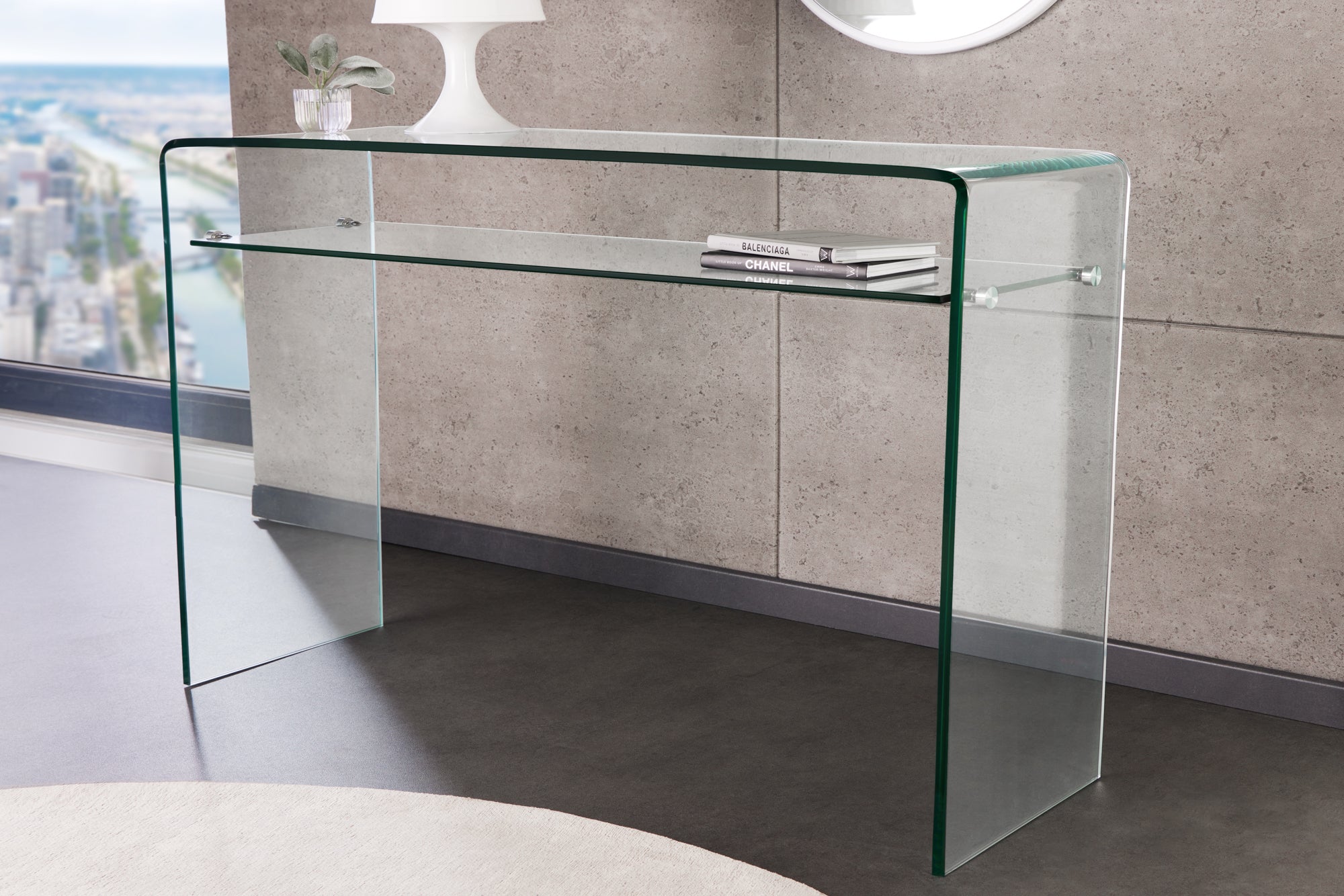 FANTOME Consola de diseño de cristal transparente de 100 cm con estante