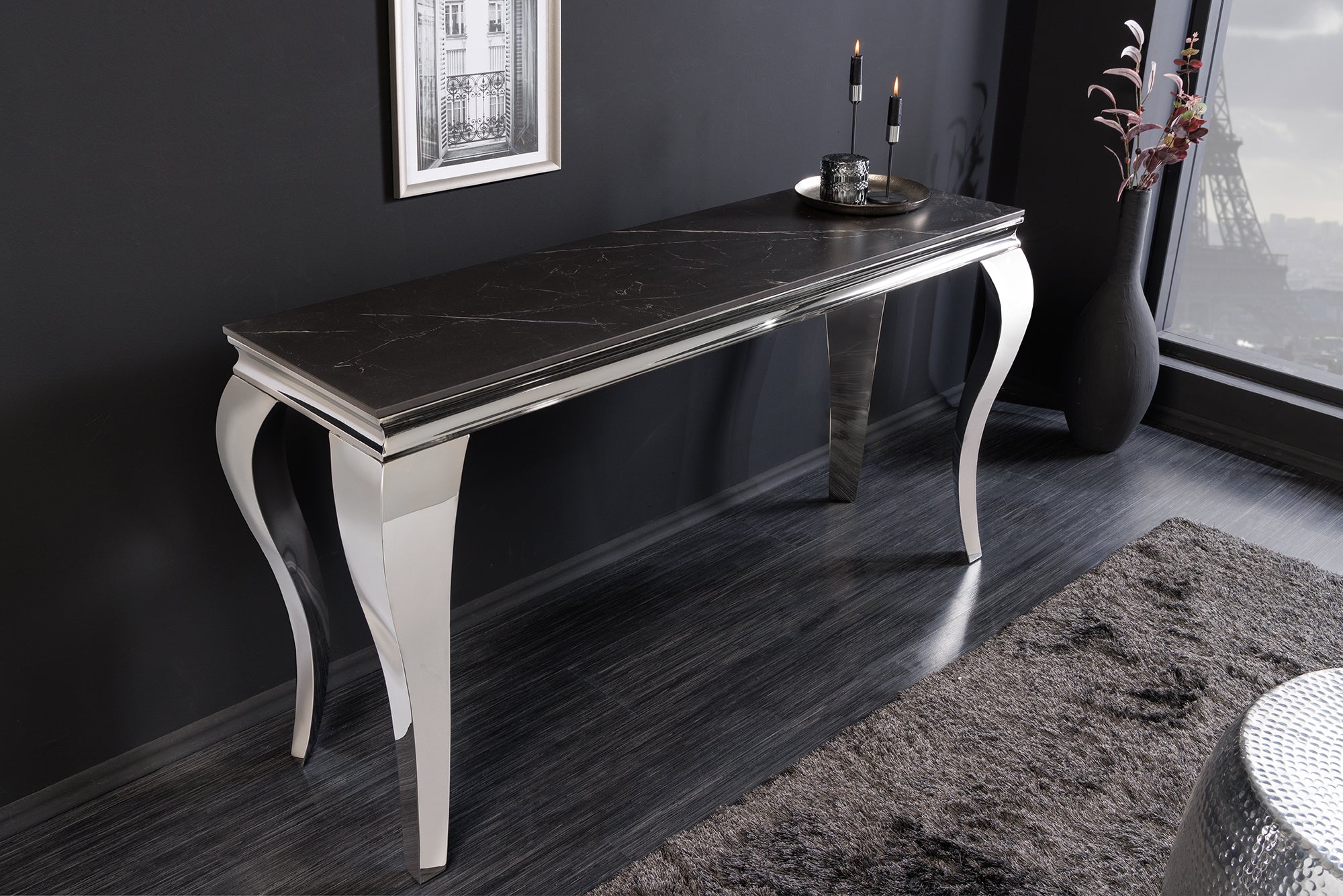 Consola de diseño MODERNE BAROQUE 140cm negro antracita cromo cerámica mármol