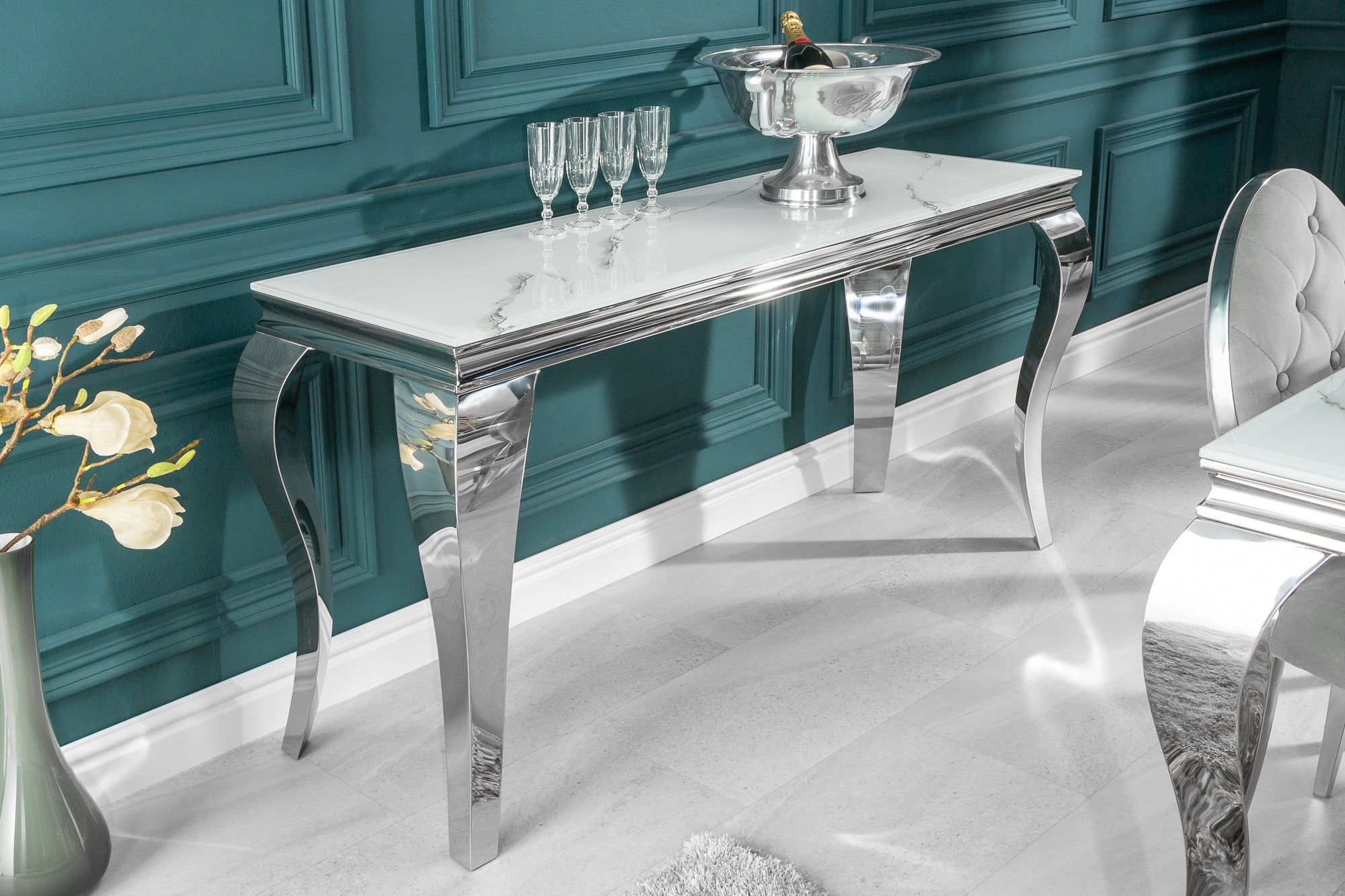 Elegante consola BAROQUE MODERNE 145 cm con tapa de cristal efecto mármol y patas de acero inoxidable