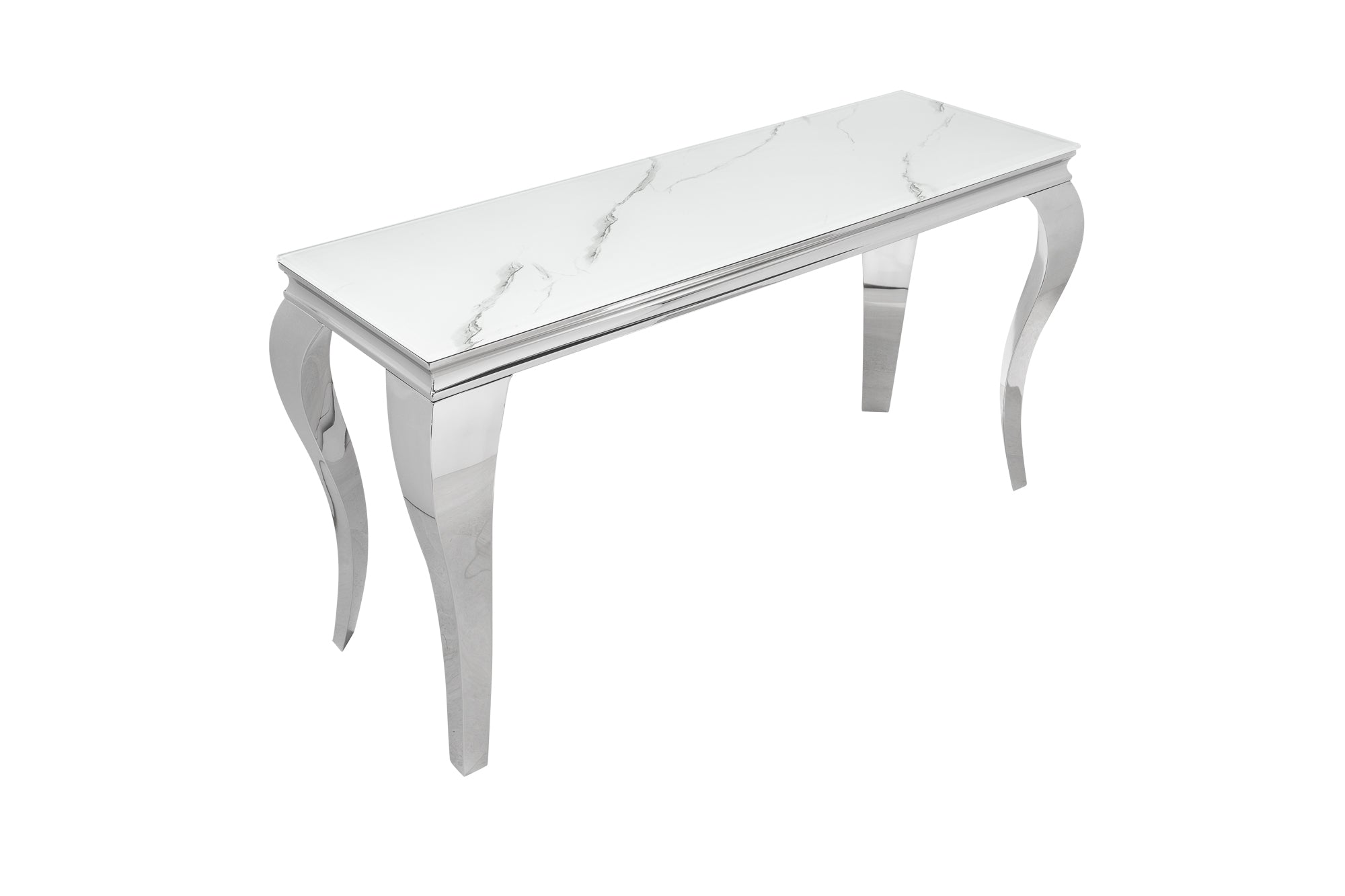 Elegante consola BAROQUE MODERNE 145 cm con tapa de cristal efecto mármol y patas de acero inoxidable
