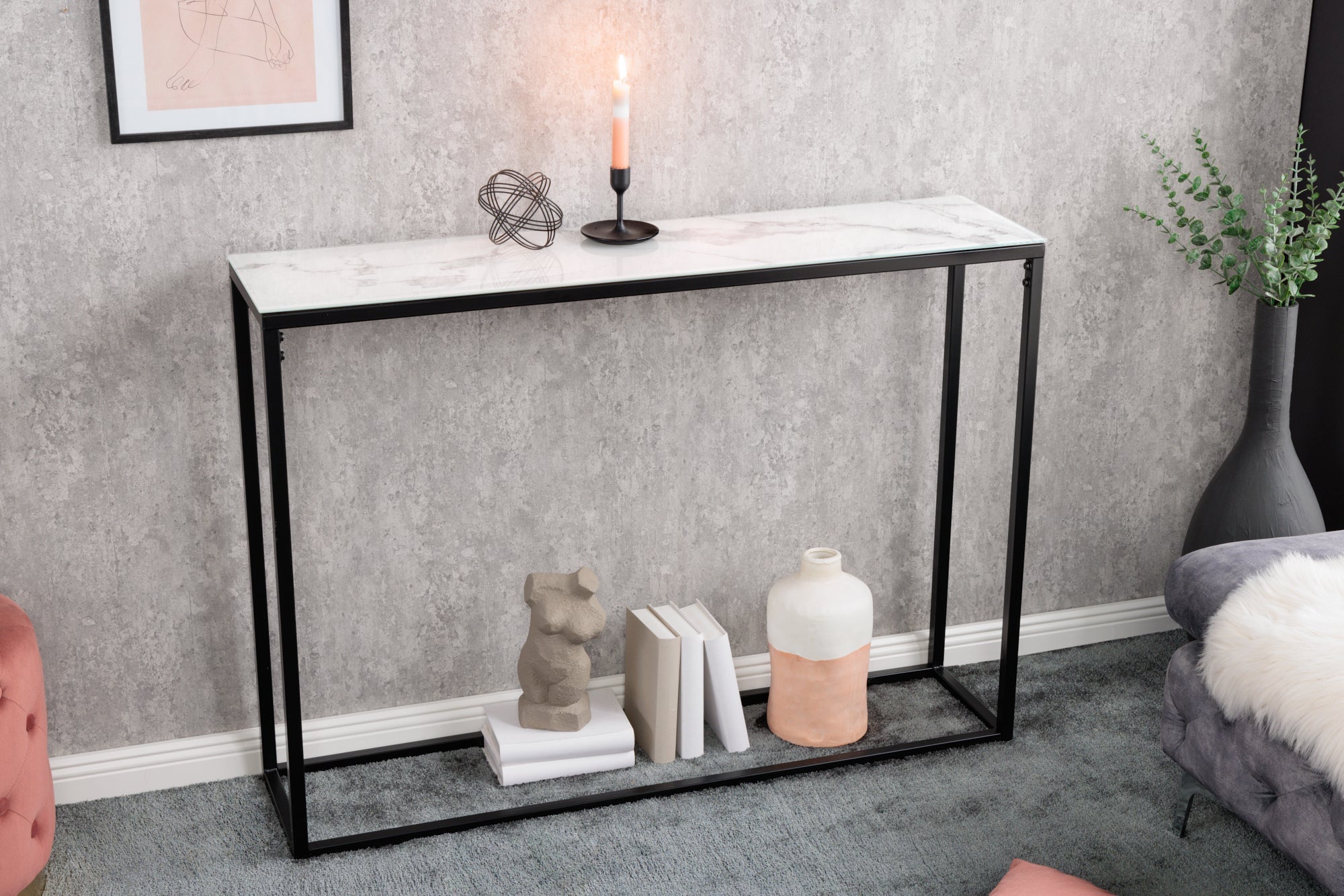 Elegante consola BOUTIQUE de 110 cm en cristal blanco con decoración de mármol y marco negro