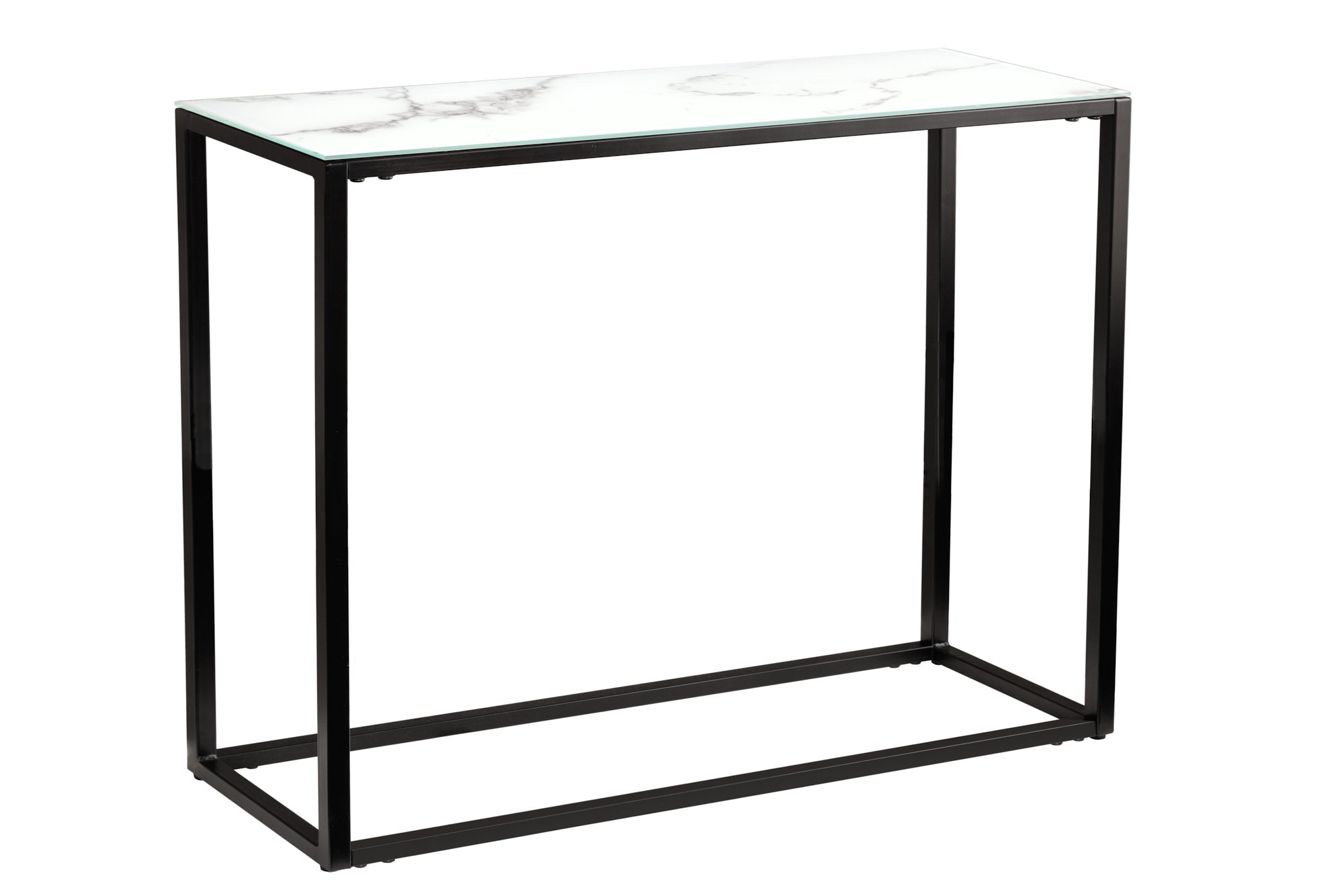 Elegante consola BOUTIQUE de 110 cm en cristal blanco con decoración de mármol y marco negro