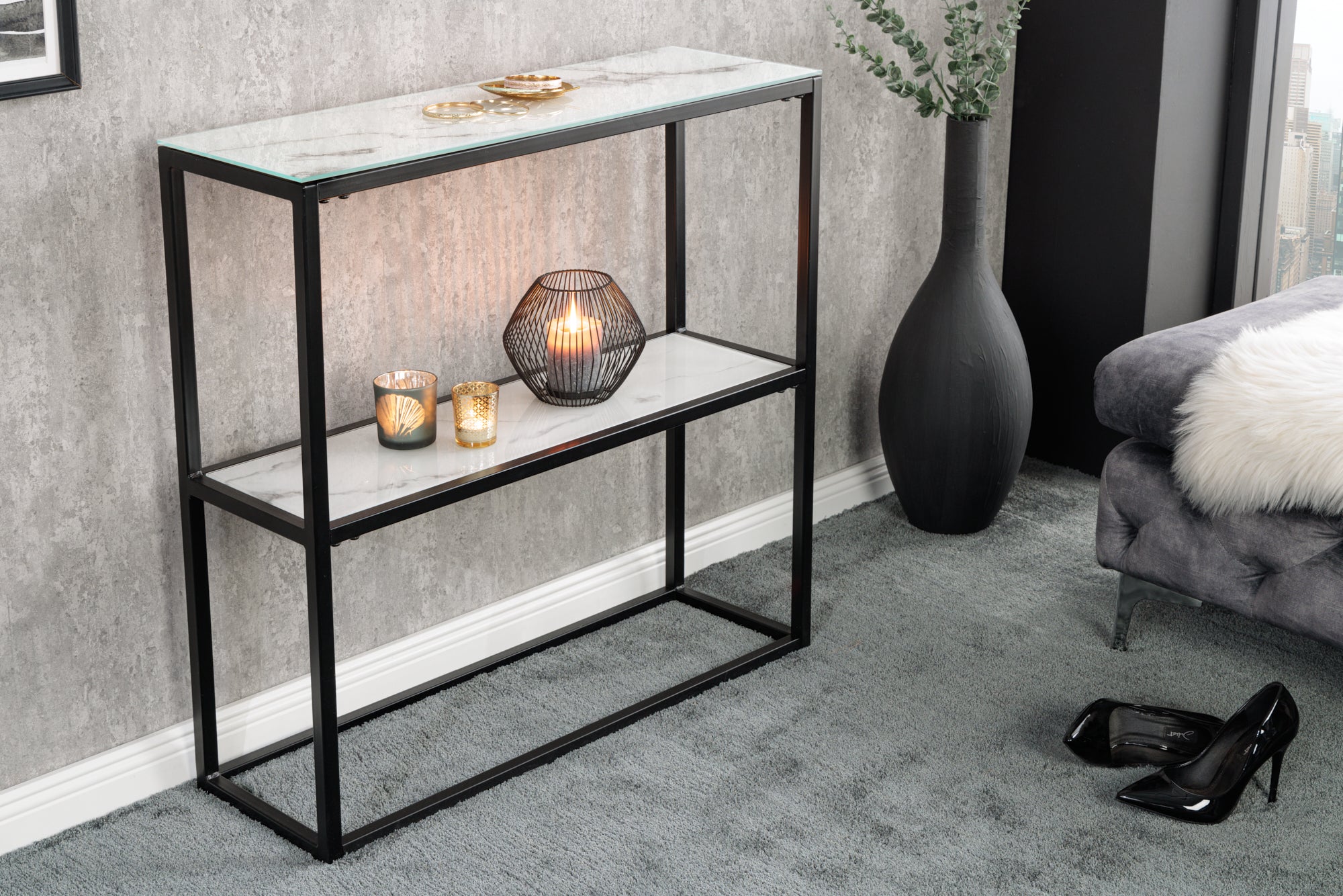 Consola elegante BOUTIQUE 81cm cristal blanco decoración mármol marco negro