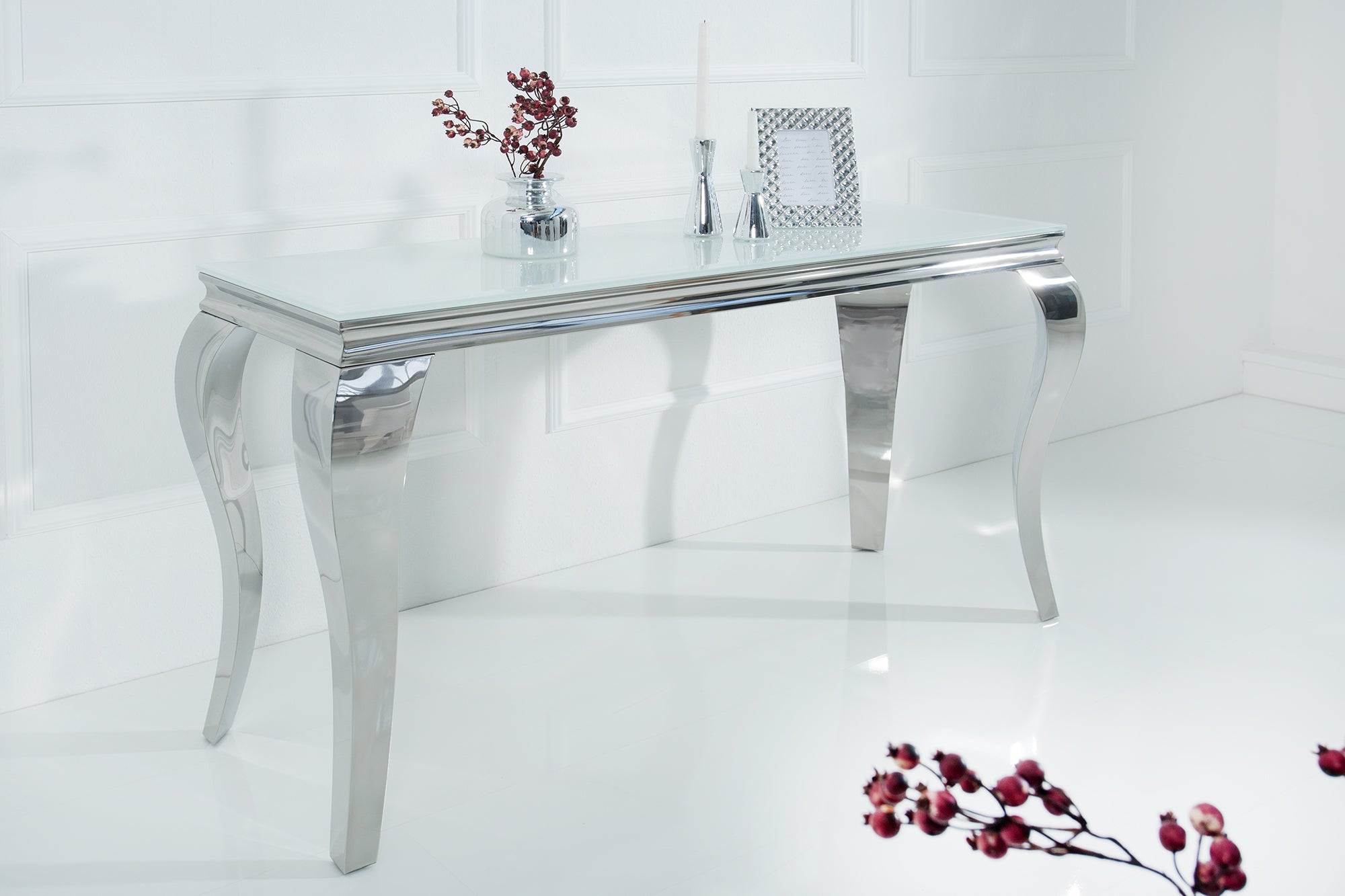 Elegante consola moderna de estilo barroco de 145 cm, cristal opal blanco, patas de acero inoxidable