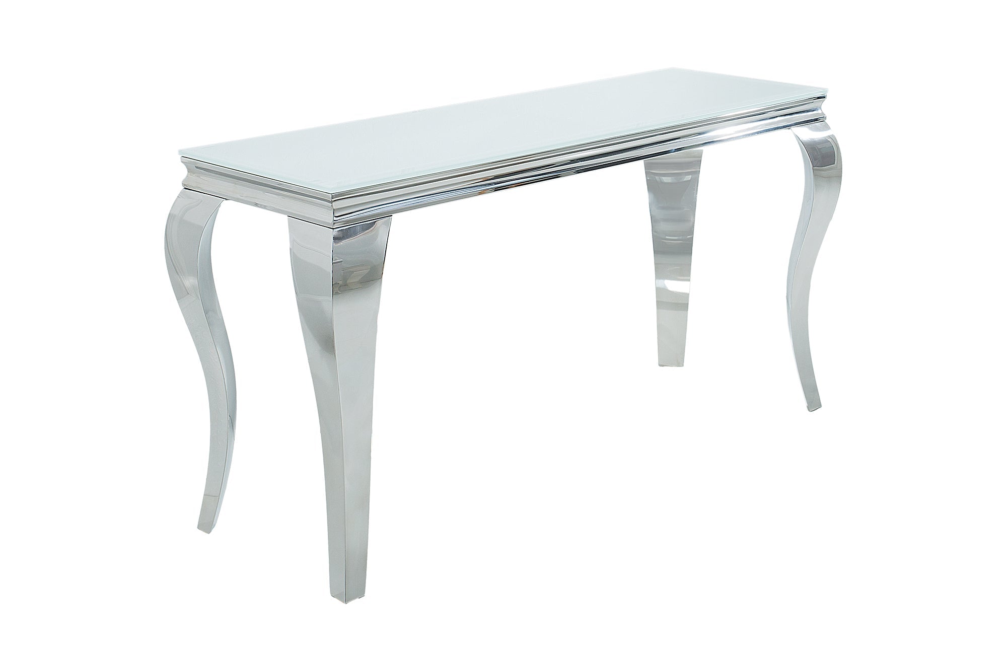 Elegante consola moderna de estilo barroco de 145 cm, cristal opal blanco, patas de acero inoxidable