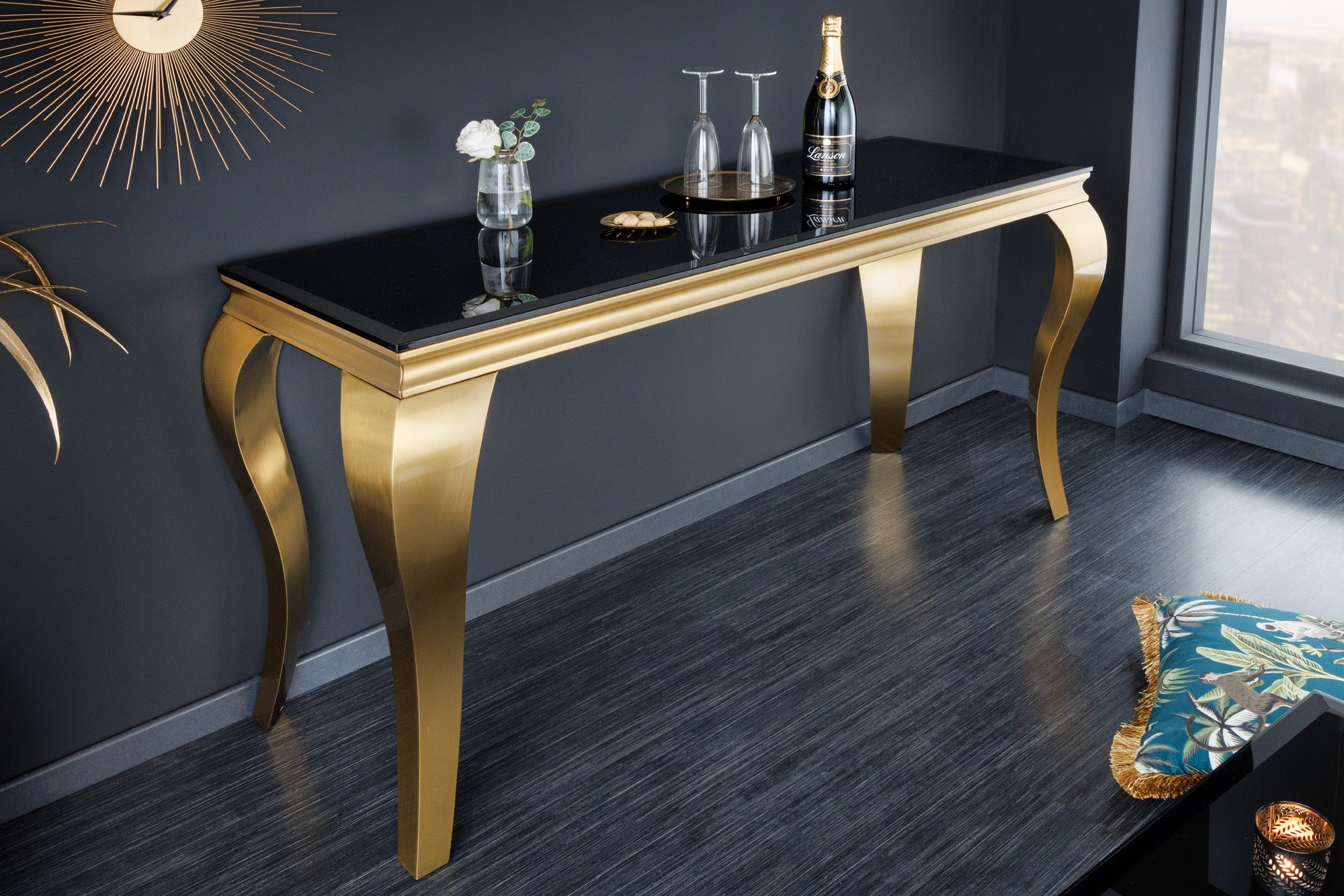 Elegante consola moderna de estilo barroco de 145 cm, cristal opal negro, patas de acero inoxidable