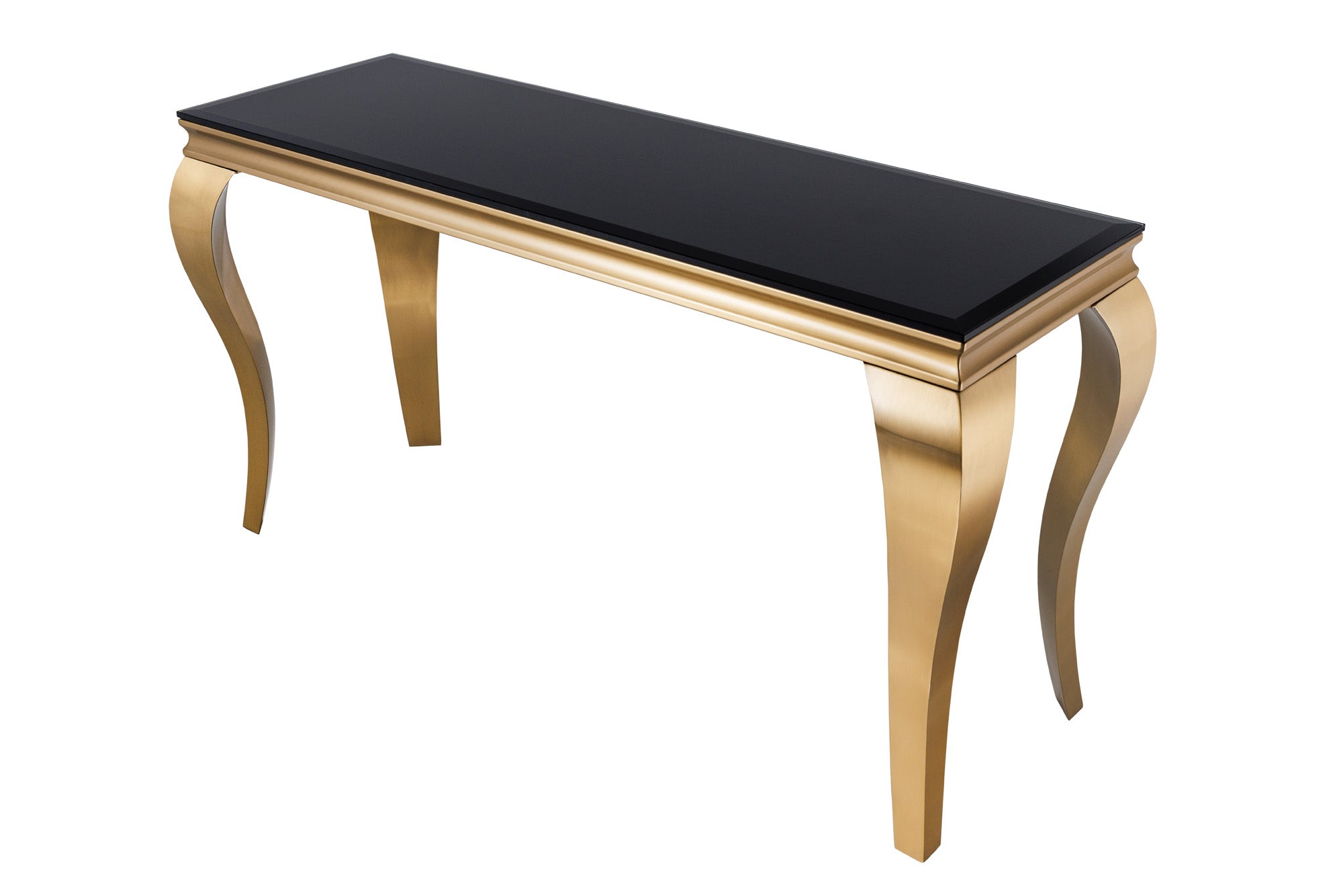 Elegante consola moderna de estilo barroco de 145 cm, cristal opal negro, patas de acero inoxidable