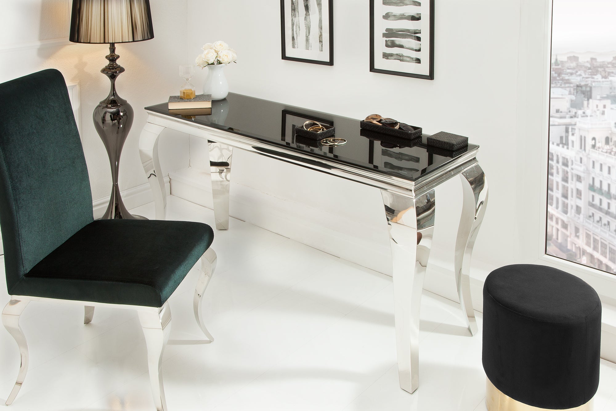 Elegante consola MODERN BAROCK 145cm cristal opal negro patas de acero inoxidable