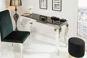 Console élégante MODERN BAROCK 145cm verre opale noir pieds inox