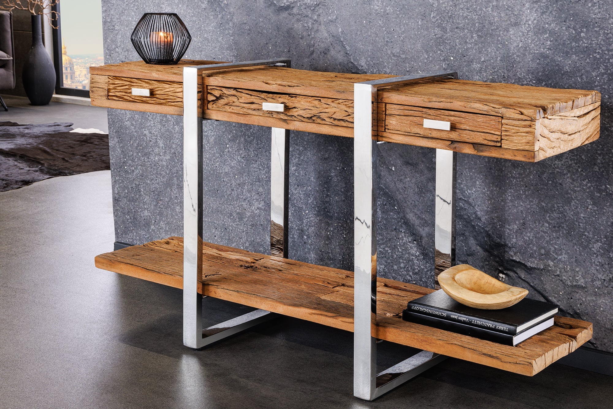 Consola de madera maciza BARRACUDA 140 cm teca marrón plata acero inoxidable cromo con cajones