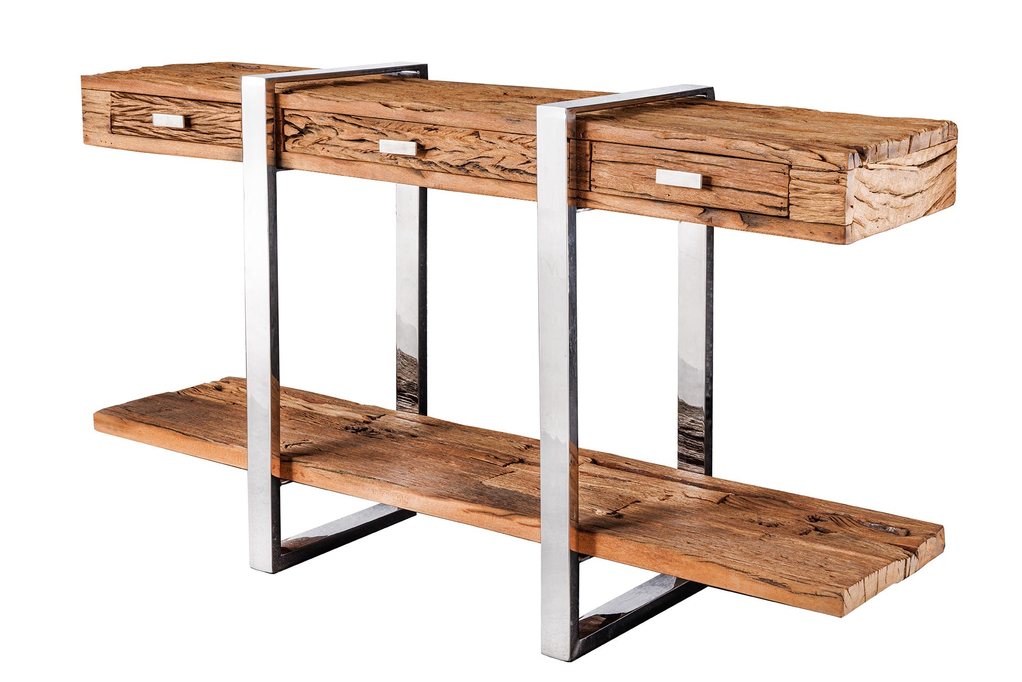 Consola de madera maciza BARRACUDA 140 cm teca marrón plata acero inoxidable cromo con cajones