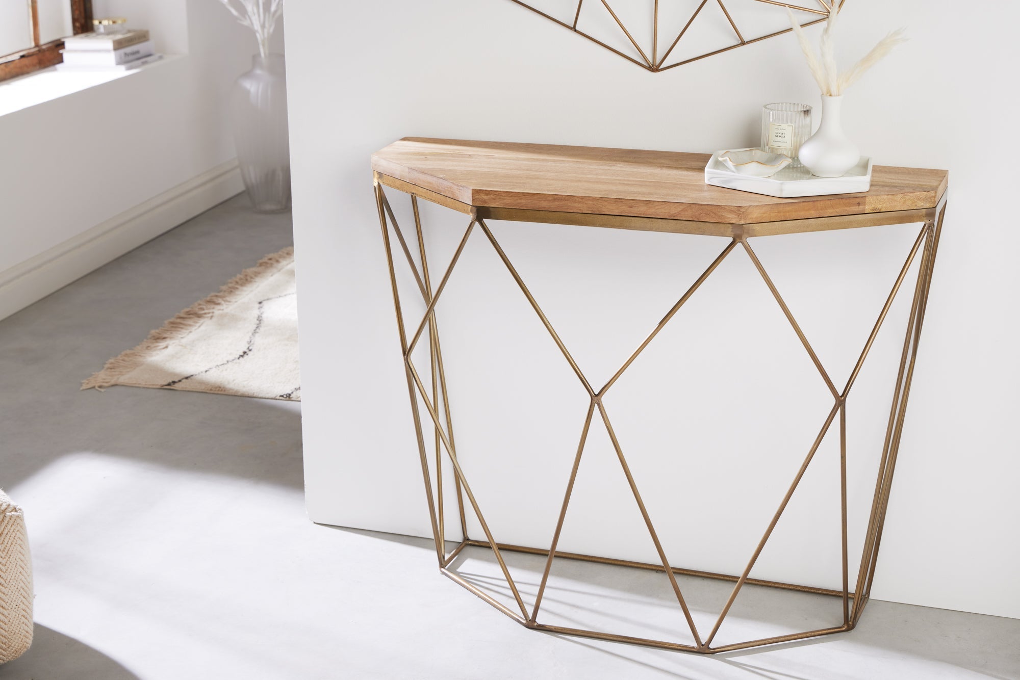 Consola de filigrana DIAMOND 90cm mango latón madera maciza metal