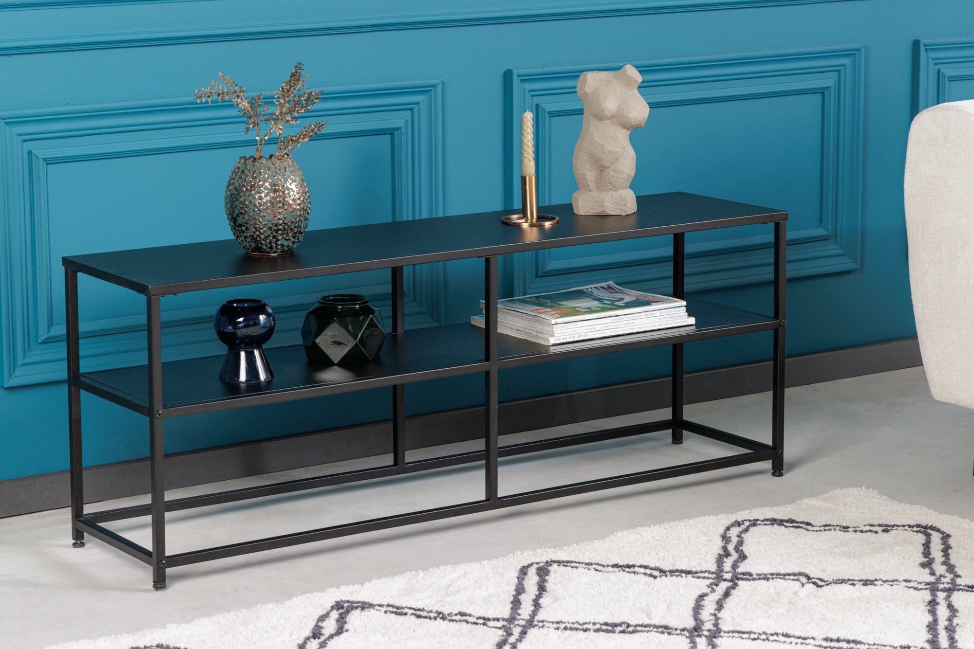 DURA STEEL consola industrial 120cm estante de TV de metal negro con dos estantes
