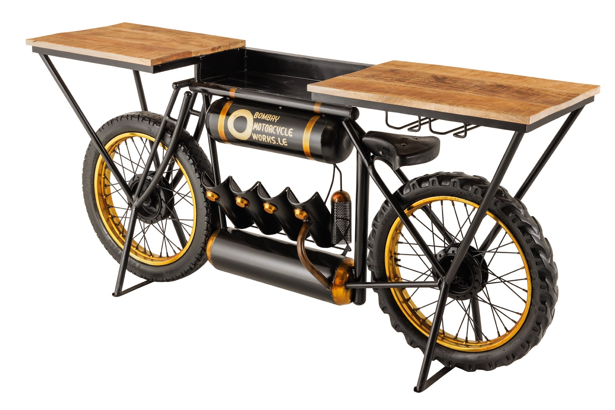 Consola industrial MOTO 185cm mango madera negro barra mostrador moto upcycling