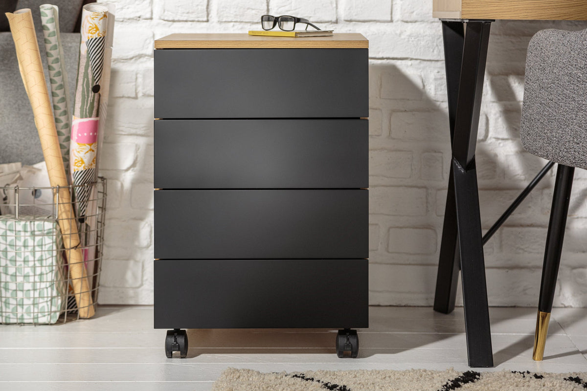 Conteneur roulant moderne STUDIO 40cm aspect chêne noir 4 tiroirs