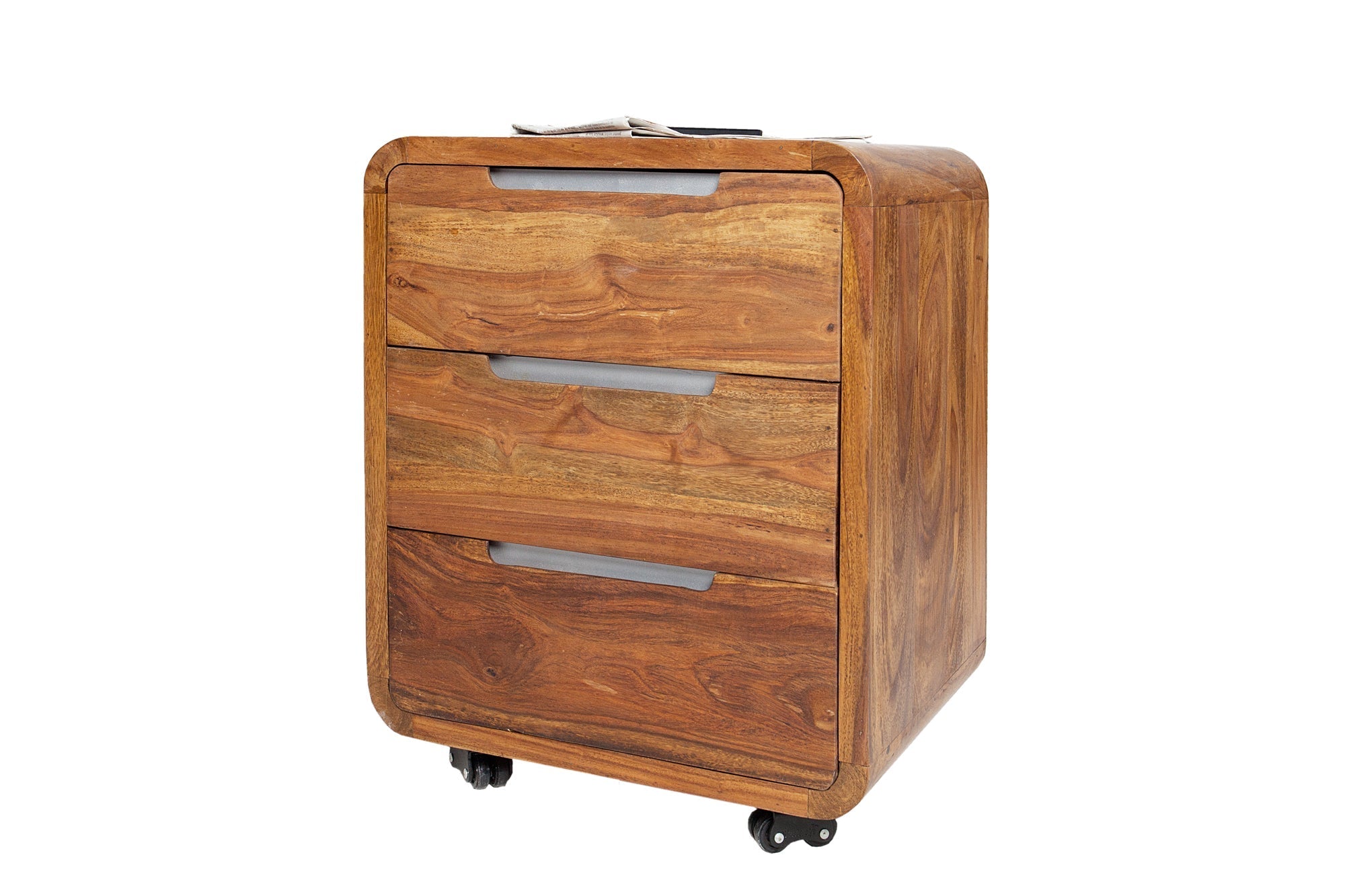 Conteneur roulant solide CUBUS 60cm bois de sheesham marron finition pierre trois tiroirs