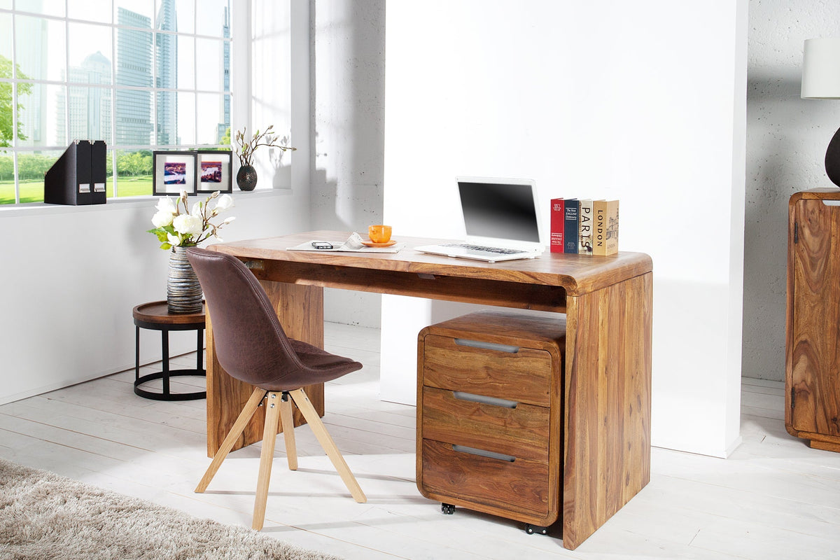 Conteneur roulant solide CUBUS 60cm bois de sheesham marron finition pierre trois tiroirs