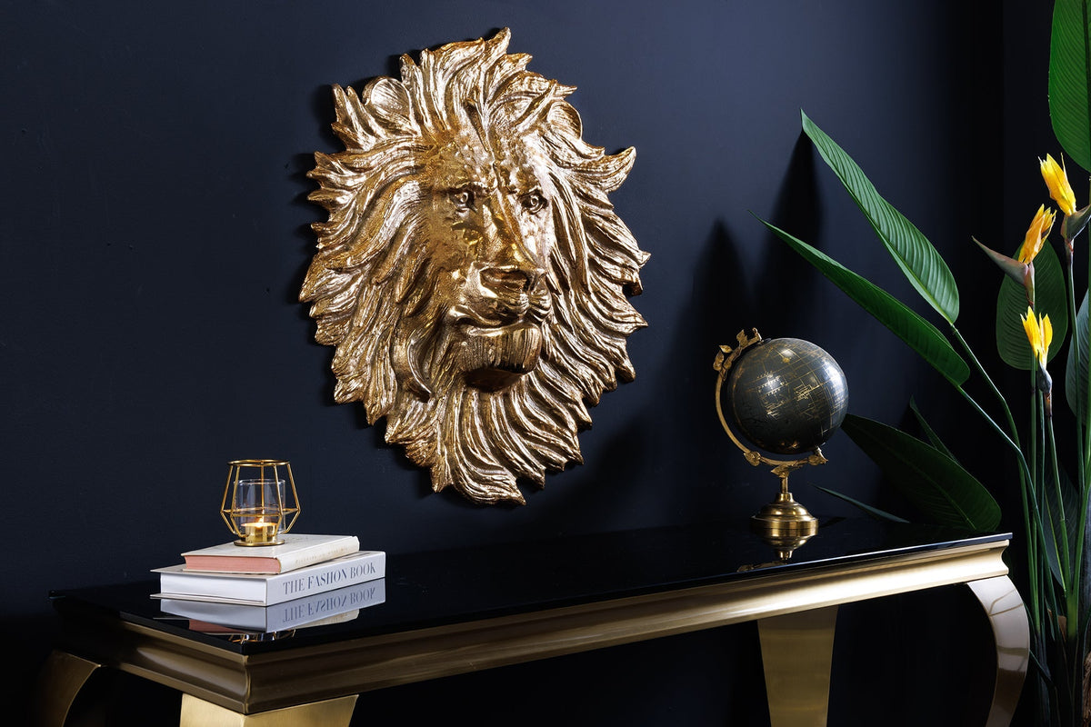 Décoration murale dorée LION SAUVAGE 60cm sculpture tête de lion en métal doré fait main