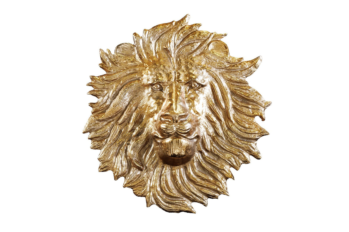 Décoration murale dorée LION SAUVAGE 60cm sculpture tête de lion en métal doré fait main