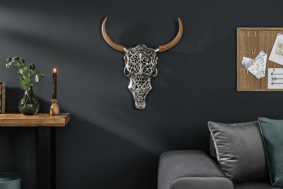 Décoration murale extravagante TAUREAU EXOTIQUE 60cm tête de taureau en bois de manguier argenté