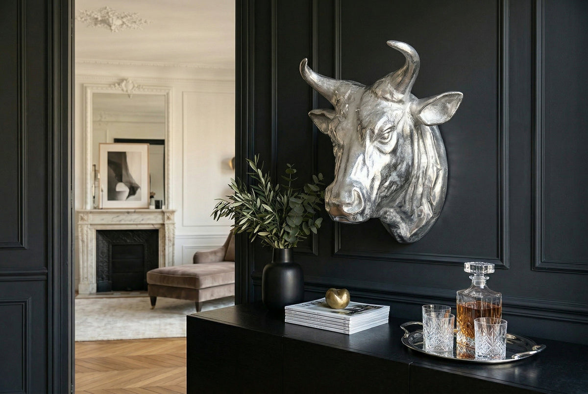 Décoration murale tête de taureau extravagante TORERO 65cm crâne décoratif argenté