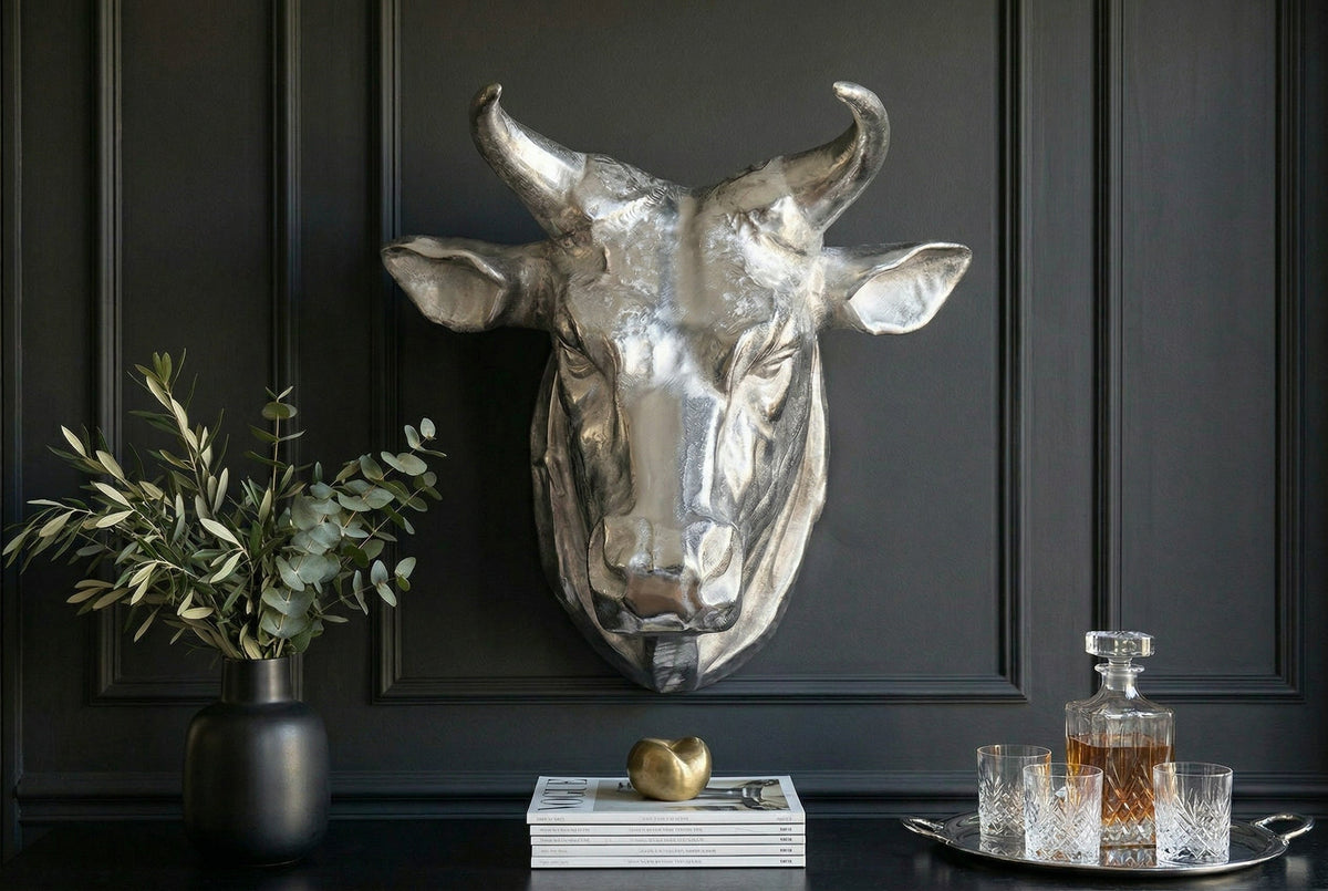 Décoration murale tête de taureau extravagante TORERO 65cm crâne décoratif argenté