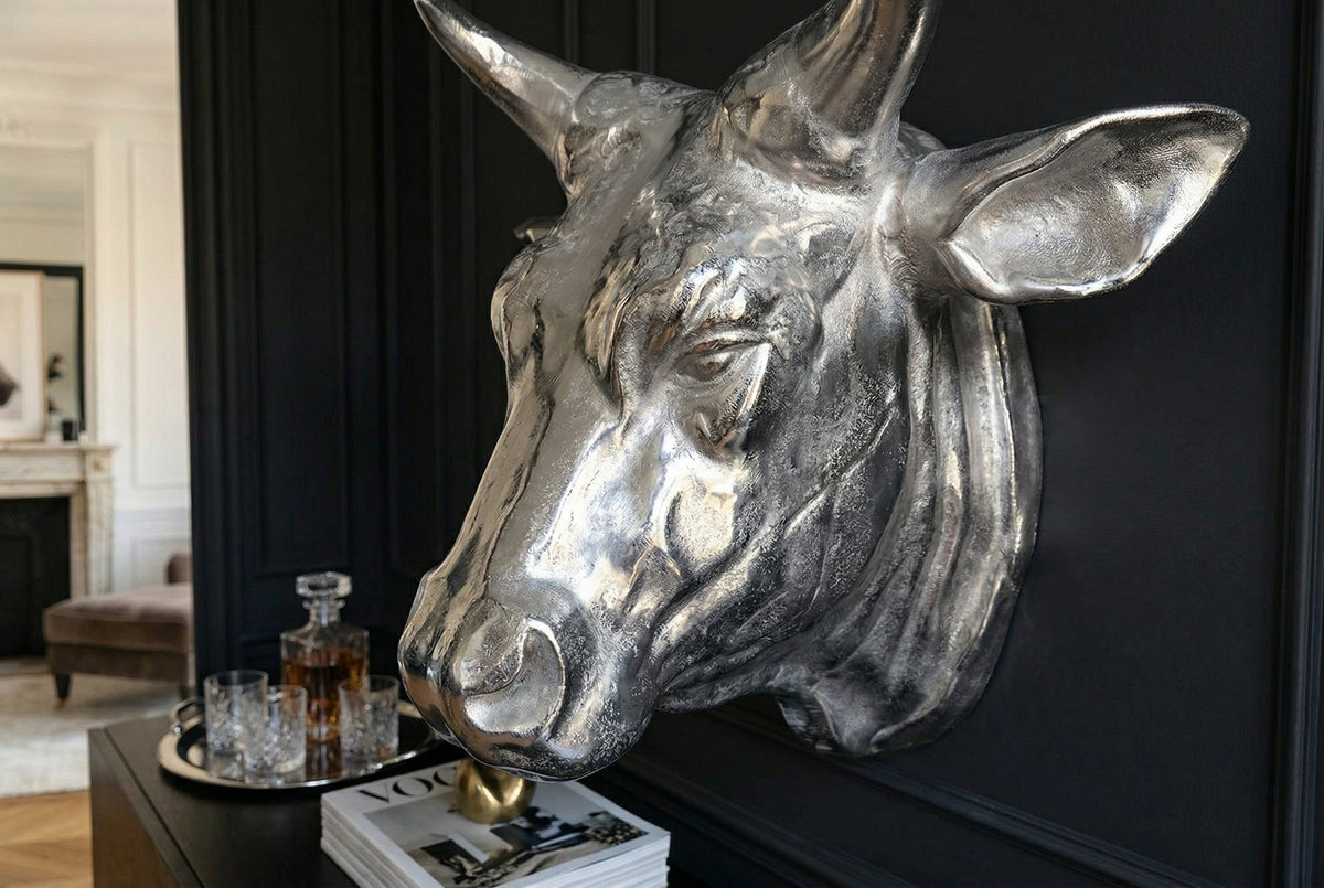 Décoration murale tête de taureau extravagante TORERO 65cm crâne décoratif argenté