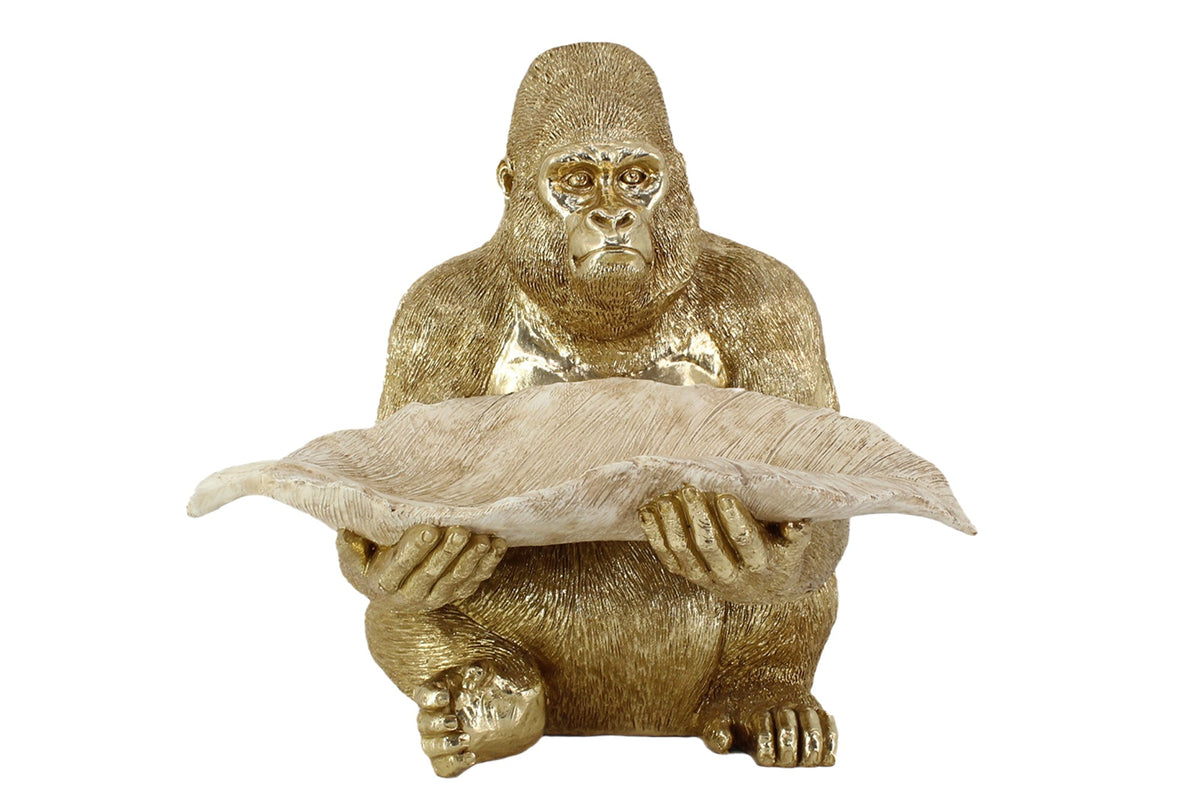 Deko-Figur GORILLA 40cm gold beige handmade mit Schale im Blatt-Design