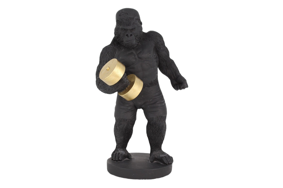 Deko-Figur KING APE 30cm schwarz gold Gorilla mit Hantel handmade