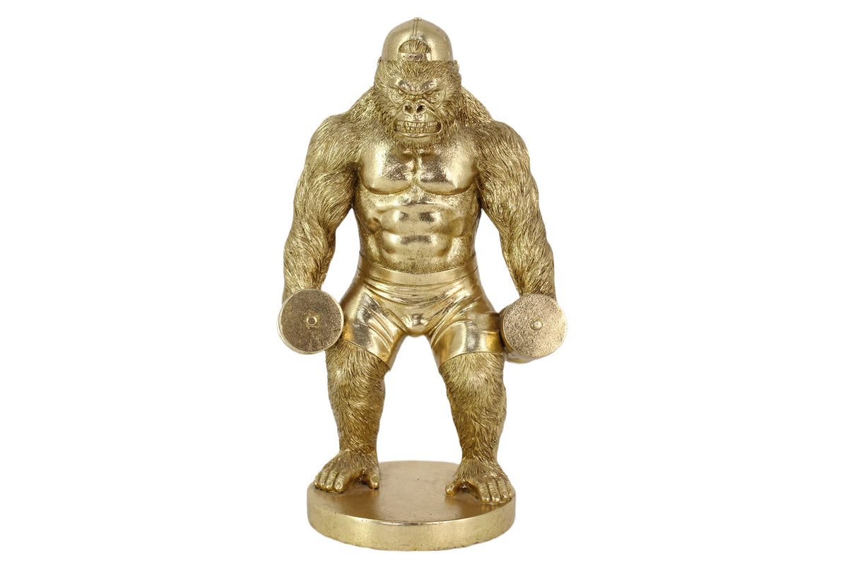 Deko-Figur KING APE 35cm gold Gorilla mit Hanteln handmade