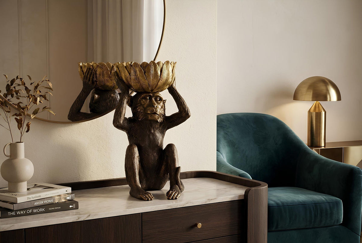 Deko-Figur MONKEY 50cm schwarz gold Affe mit Schale handmade