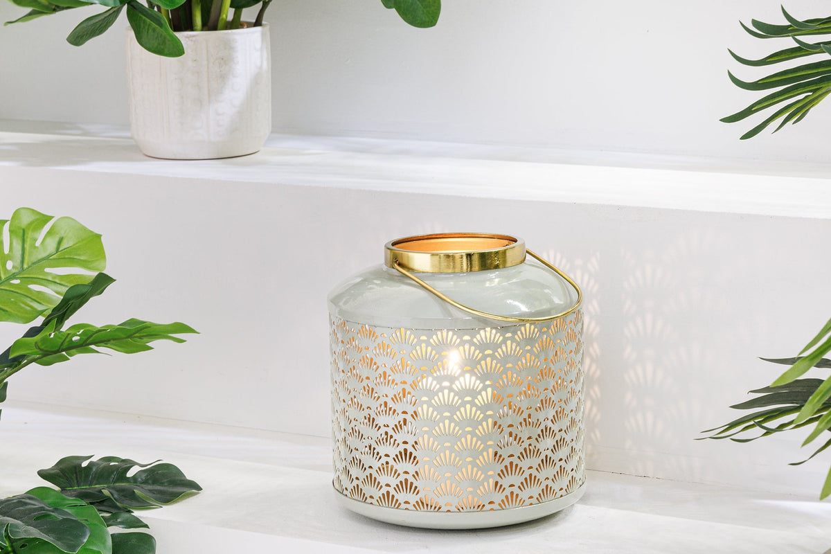 Deko Windlicht CANDLELIGHT 20cm beige-grün Metall handmade Laterne