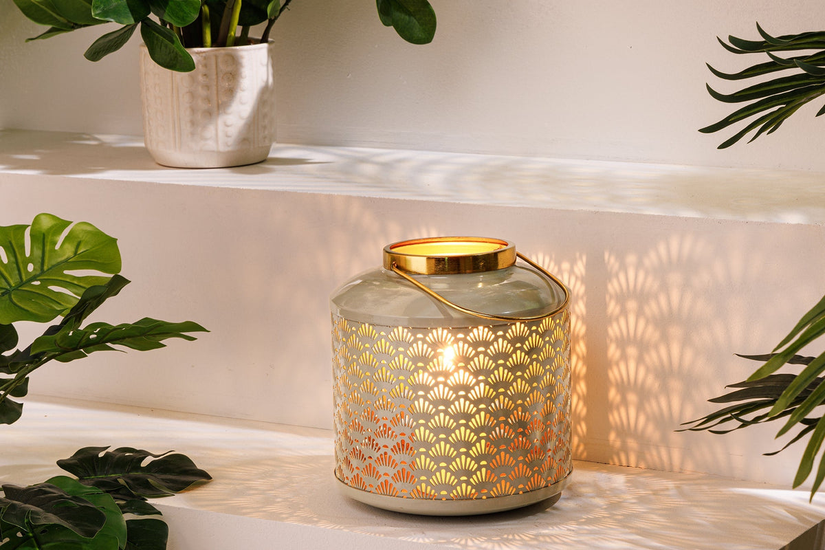 Deko Windlicht CANDLELIGHT 20cm beige-grün Metall handmade Laterne