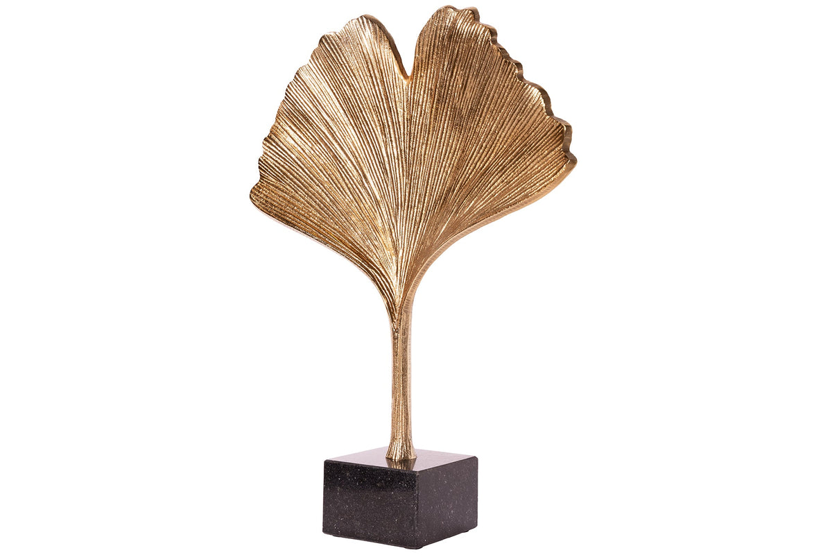 Dekorative Skulptur GINKGO LEAF 44cm gold handmade Metall mit Marmorsockel